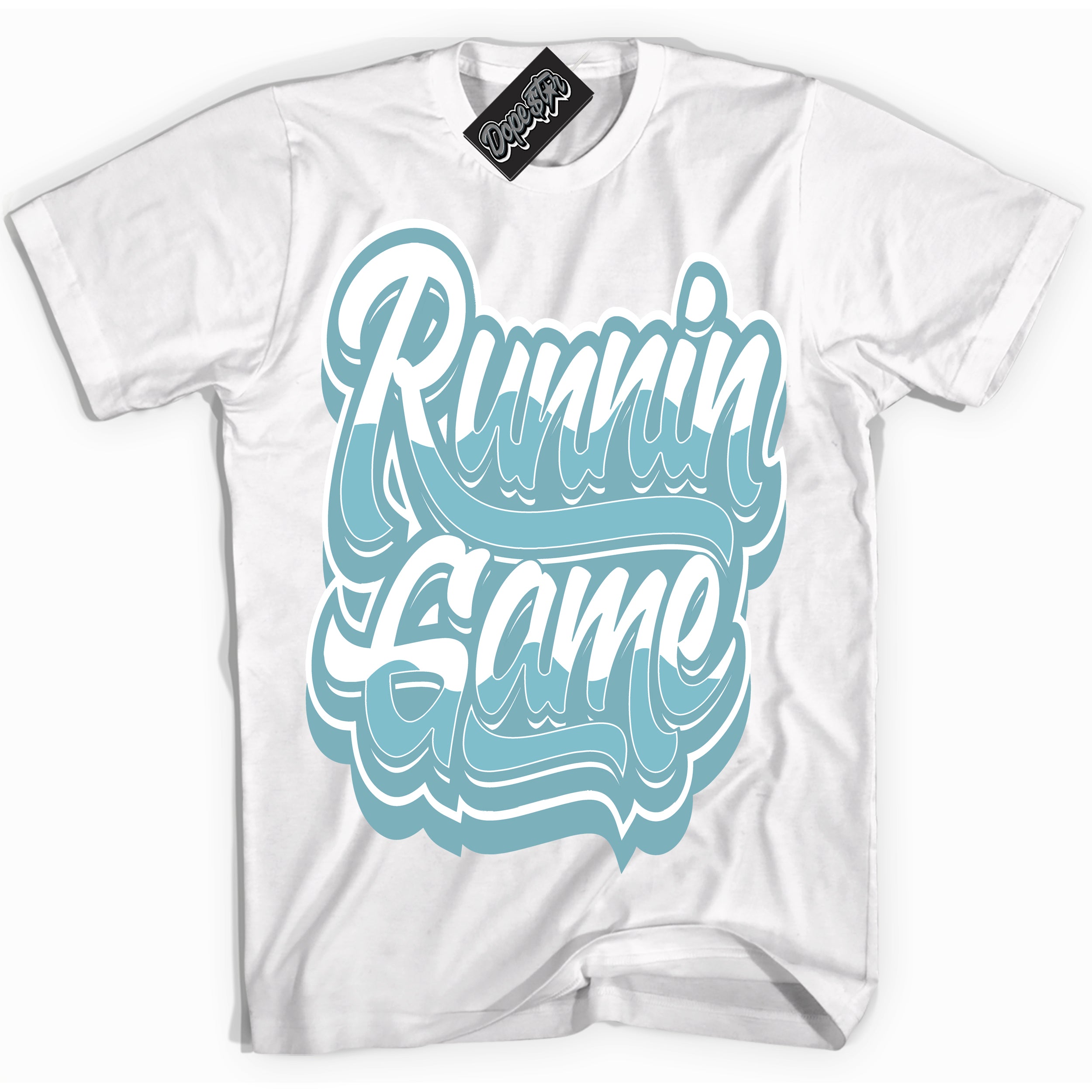 Cool White Shirt with “Running Game” design that perfectly matches Denim Turquoise Dunk.