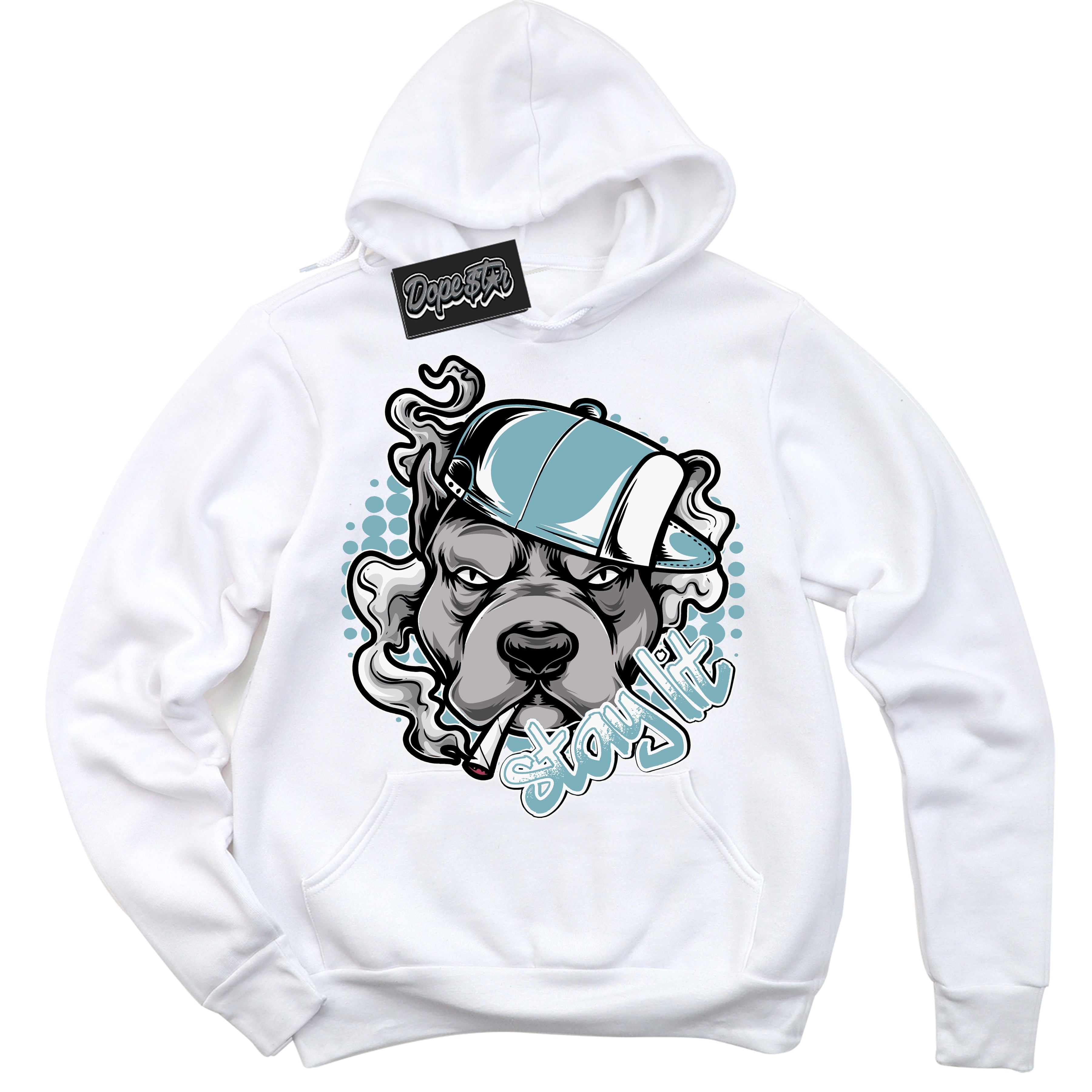 Cool White Hoodie with “Stay Lit” design that Perfectly Matches Denim Turquoise Dunk.