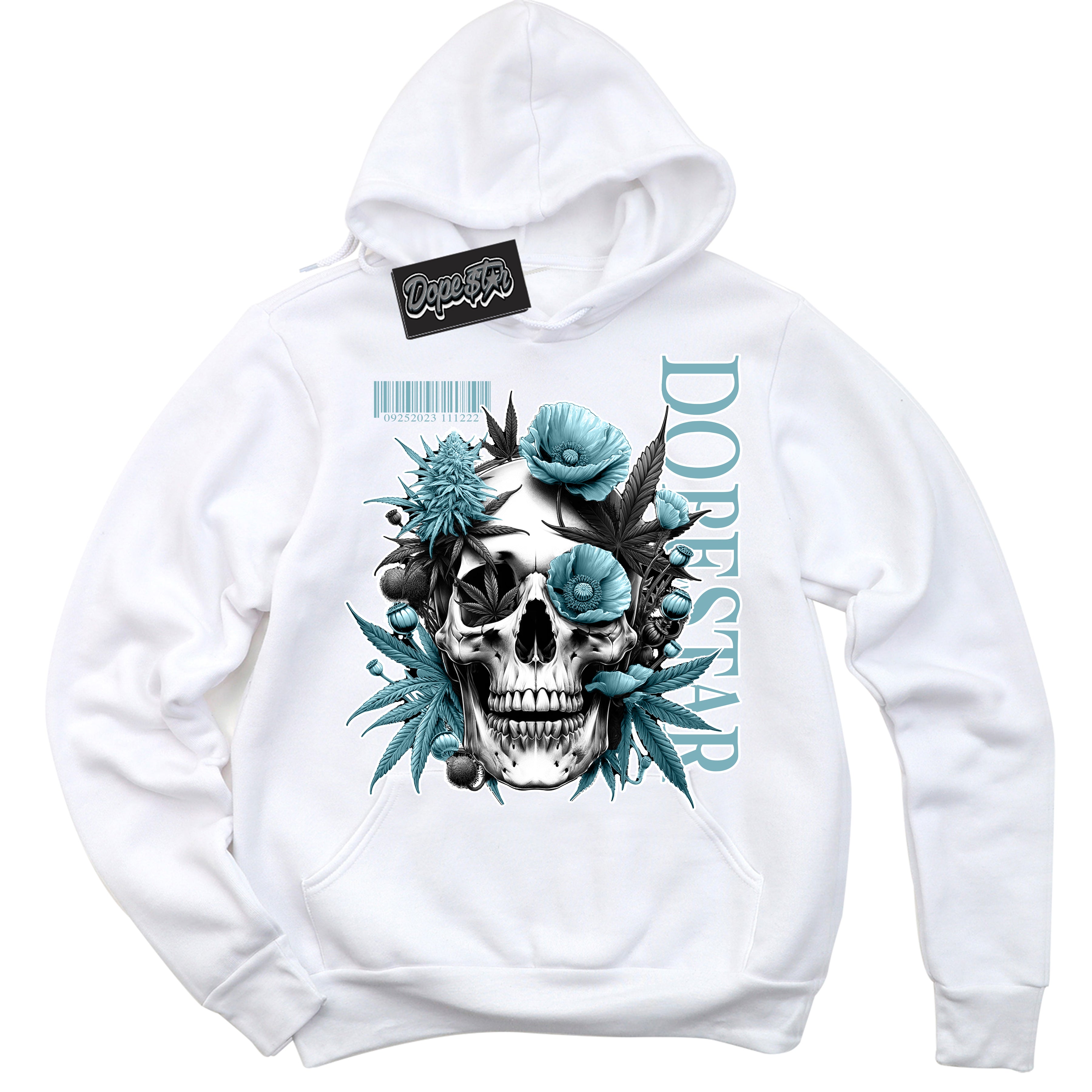 Cool White Hoodie with “Skull Poppies” design that Perfectly Matches Denim Turquoise Dunk.