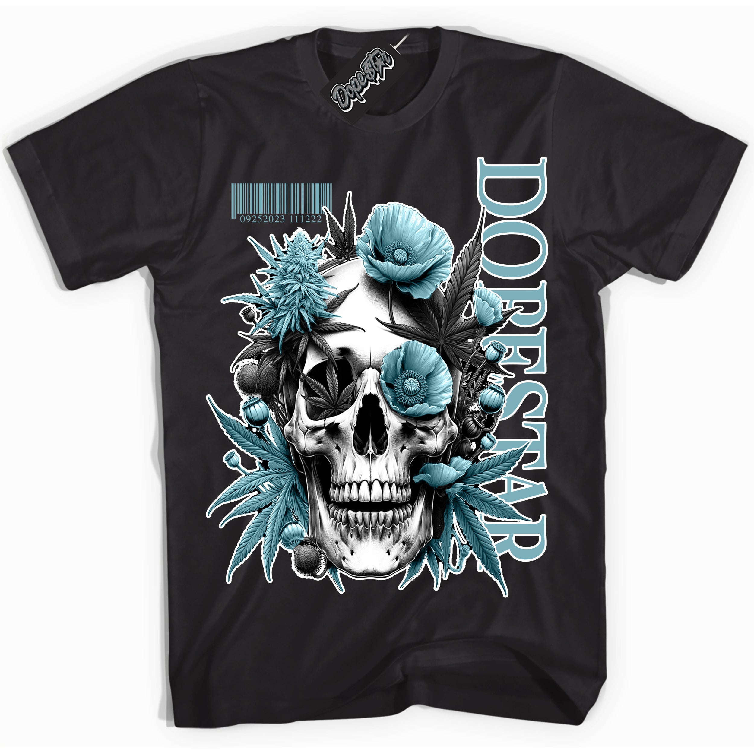 Cool Black Shirt with “Skull Poppies” design that perfectly matches Denim Turquoise Dunk.