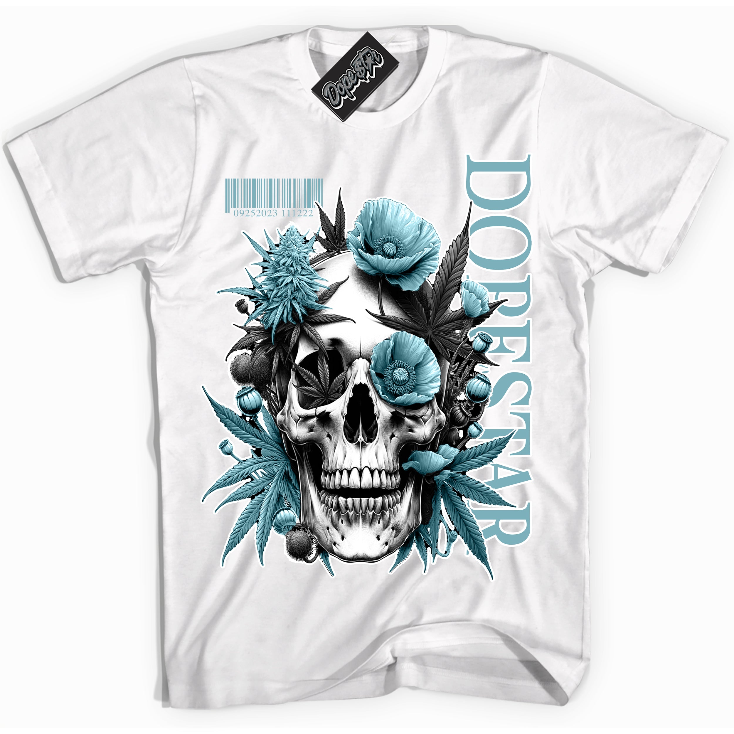 Cool White Shirt with “Skull Poppies” design that perfectly matches Denim Turquoise Dunk.