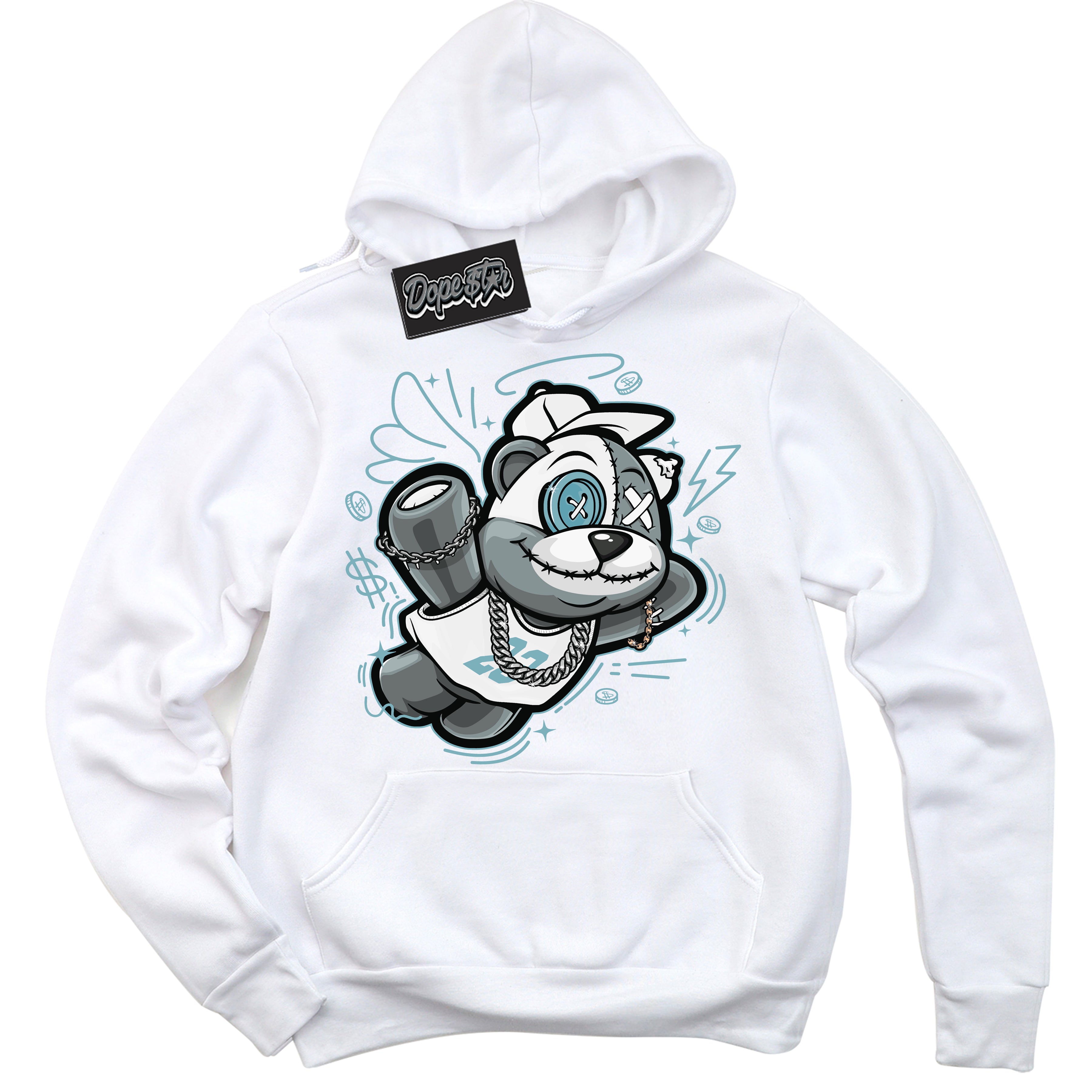 Cool White Hoodie with “Slam Dunk Bear” design that Perfectly Matches Denim Turquoise Dunk.