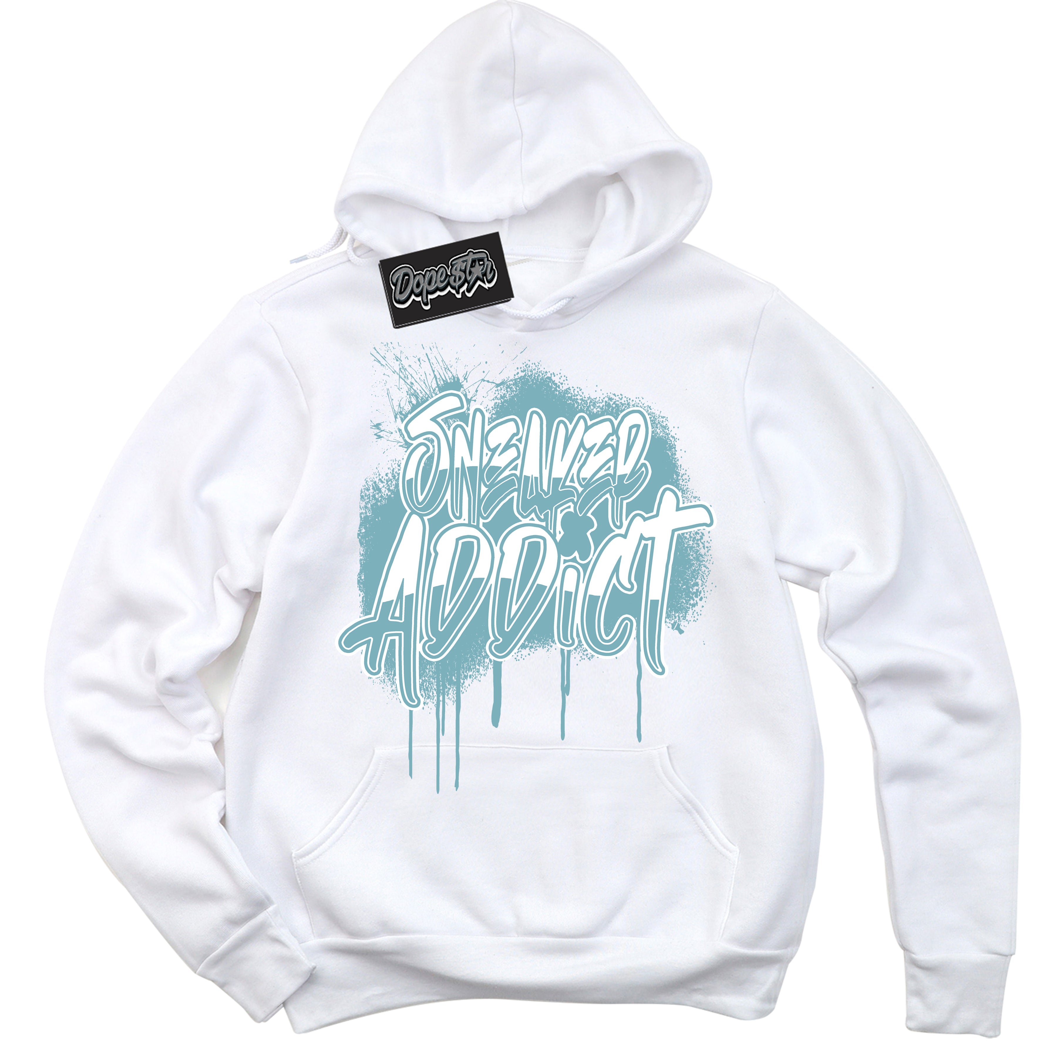 Cool White Hoodie with “Sneaker Addict” design that Perfectly Matches Denim Turquoise Dunk.