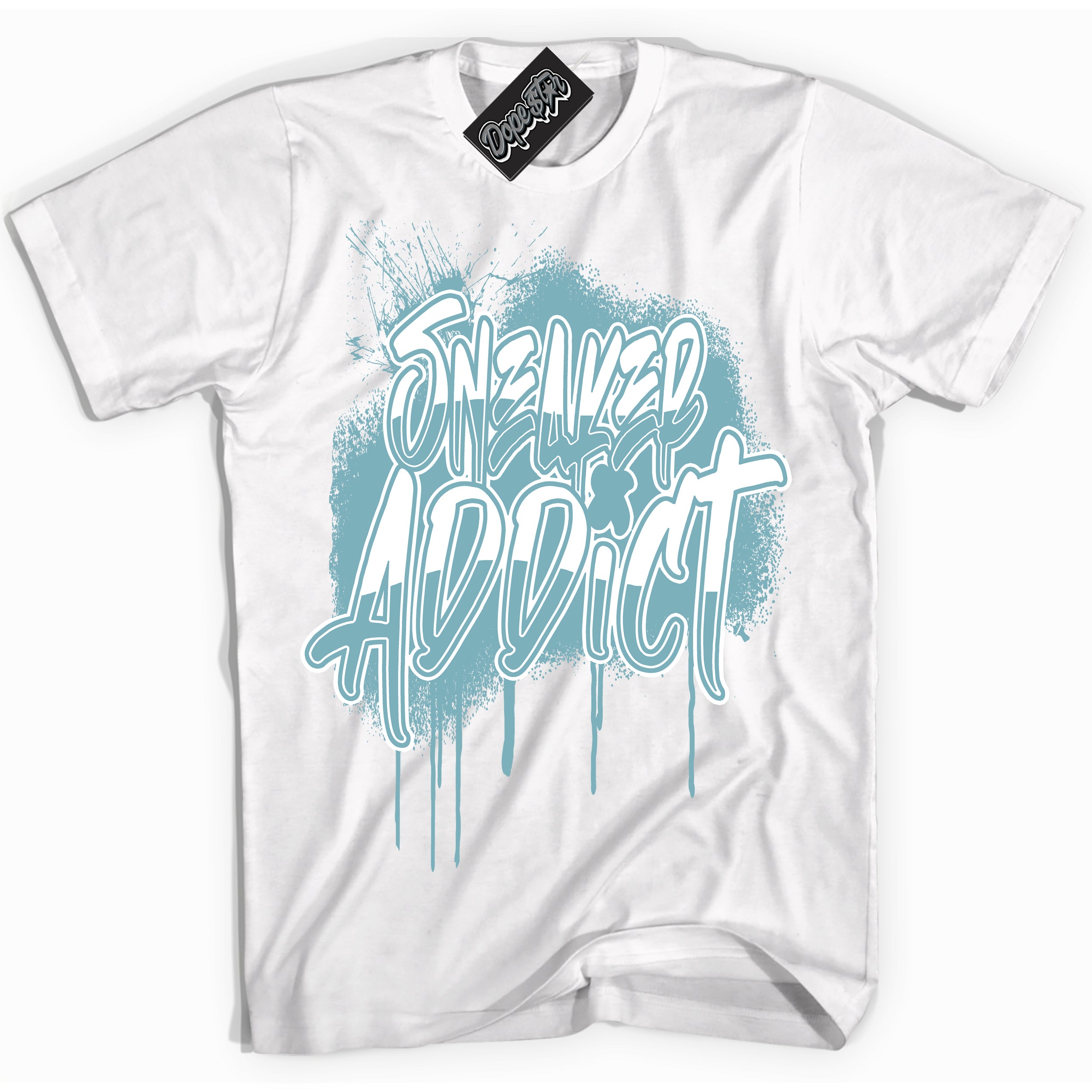 Cool White Shirt with “Sneaker Addict” design that perfectly matches Denim Turquoise Dunk.