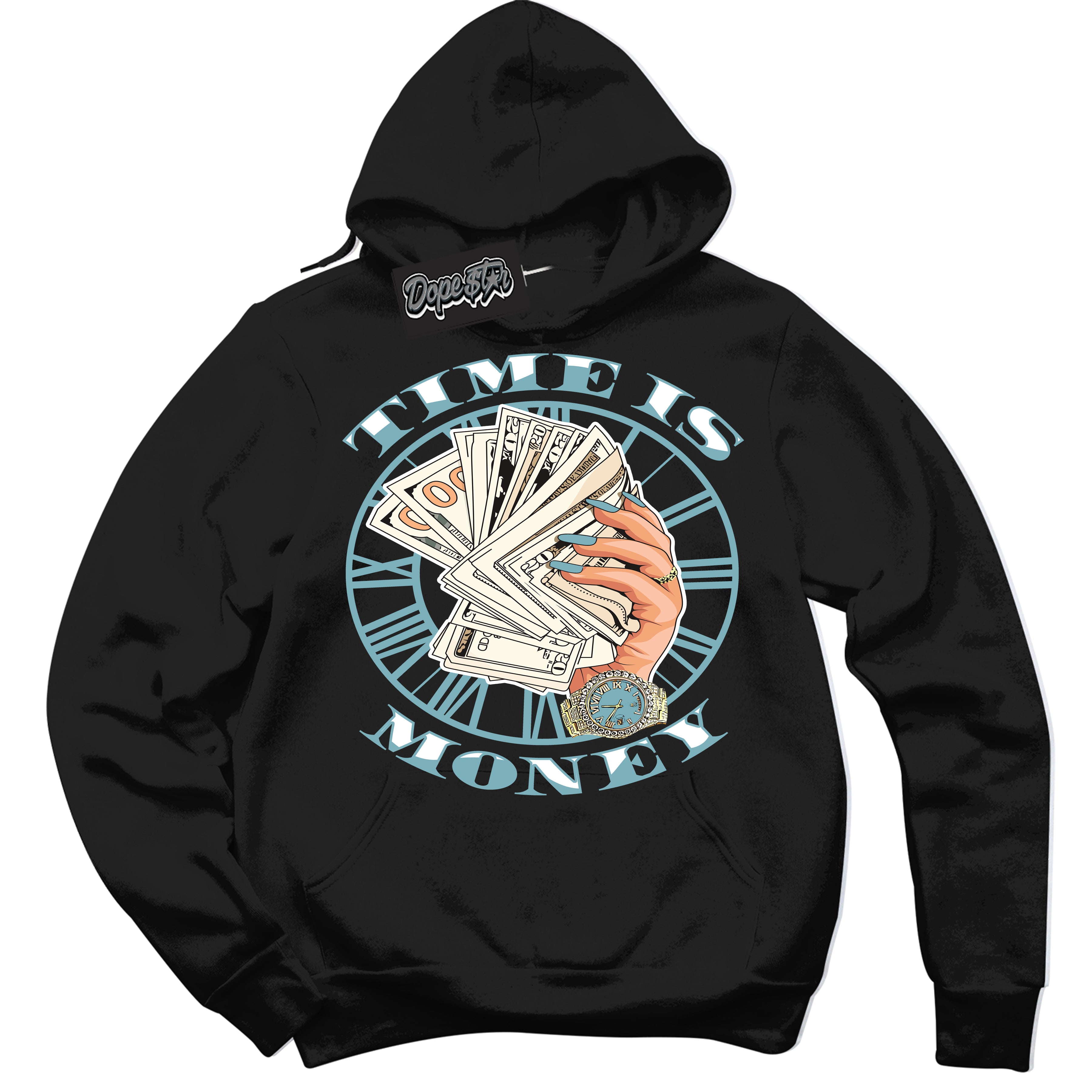 Cool Black Hoodie with “Time Is Money” design that Perfectly Matches Denim Turquoise Dunk.