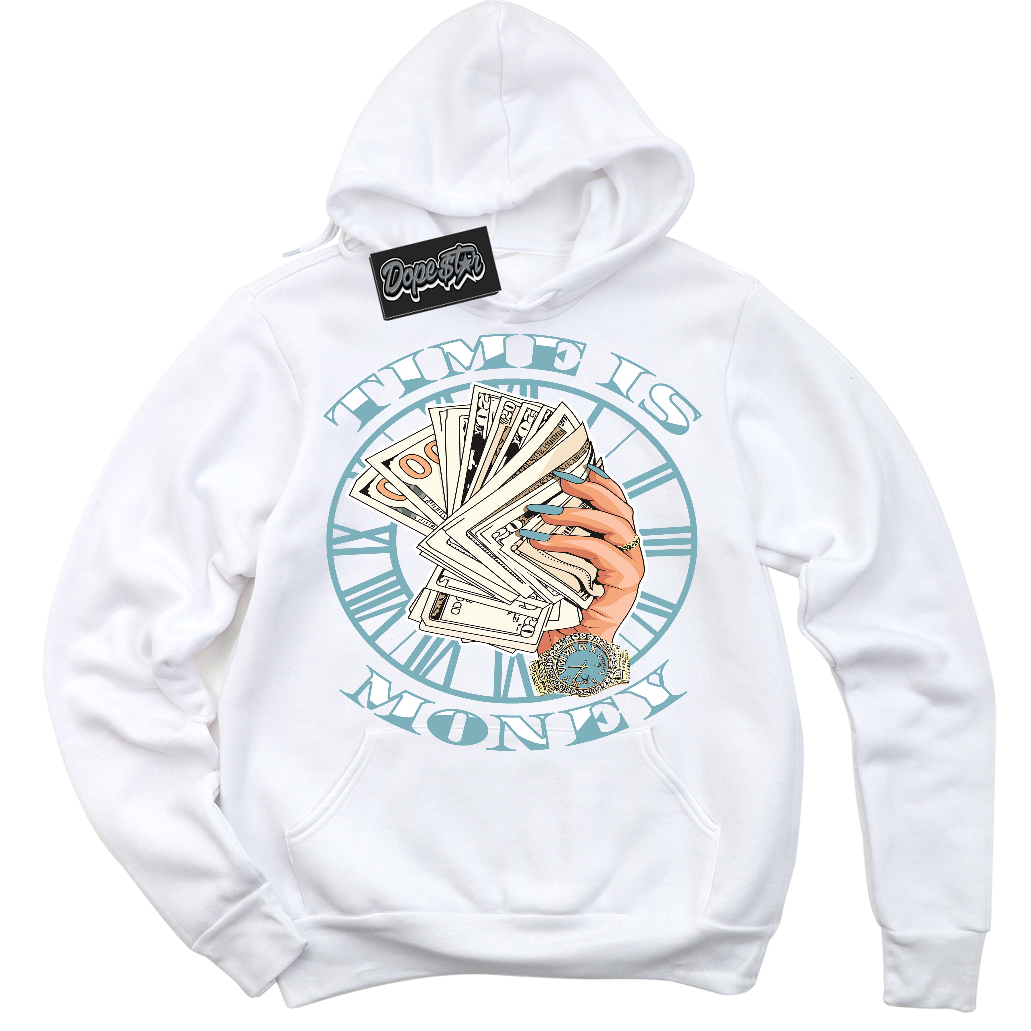 Cool White Hoodie with “Time Is Money” design that Perfectly Matches Denim Turquoise Dunk.