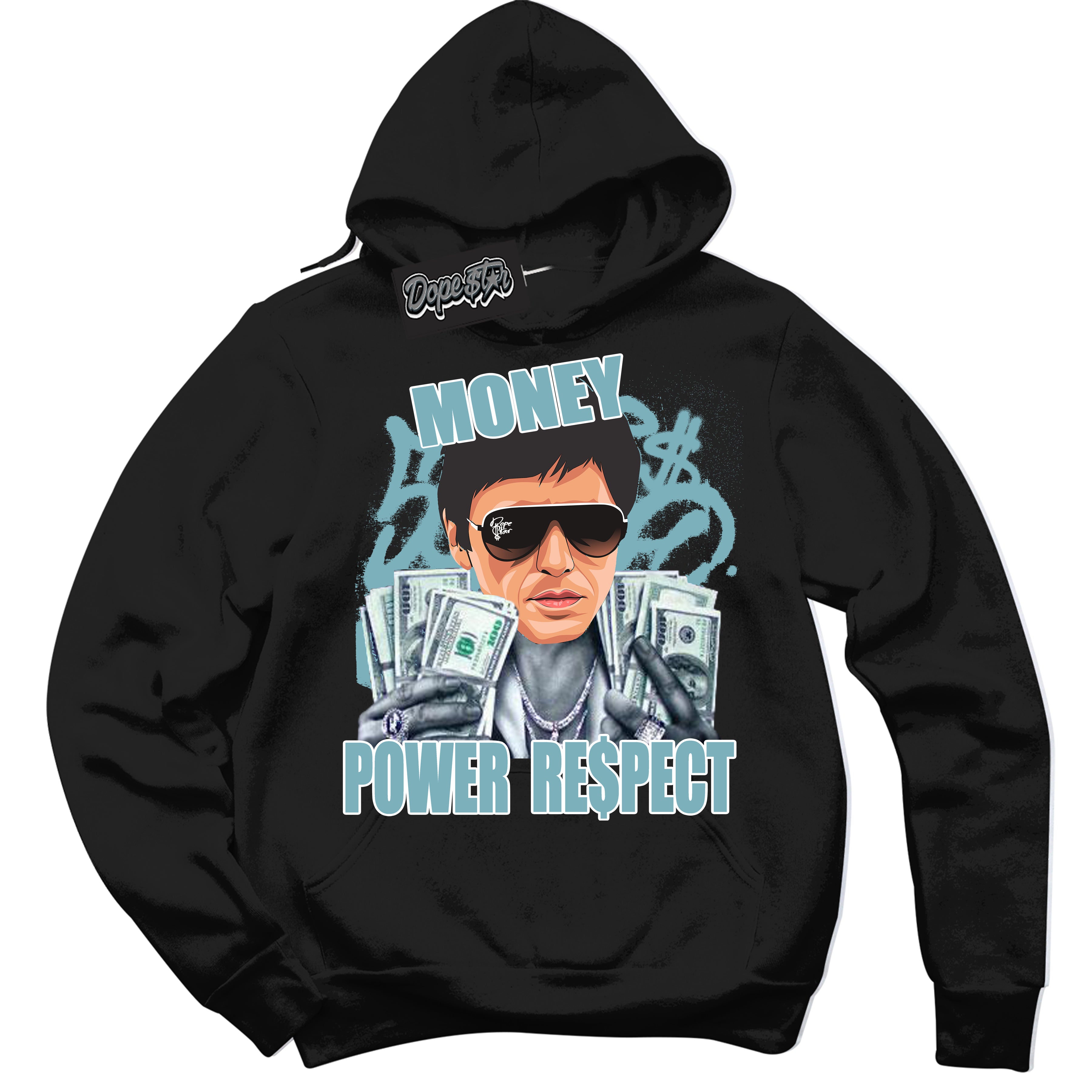 Cool Black Hoodie with “Tony Montana” design that Perfectly Matches Denim Turquoise Dunk.