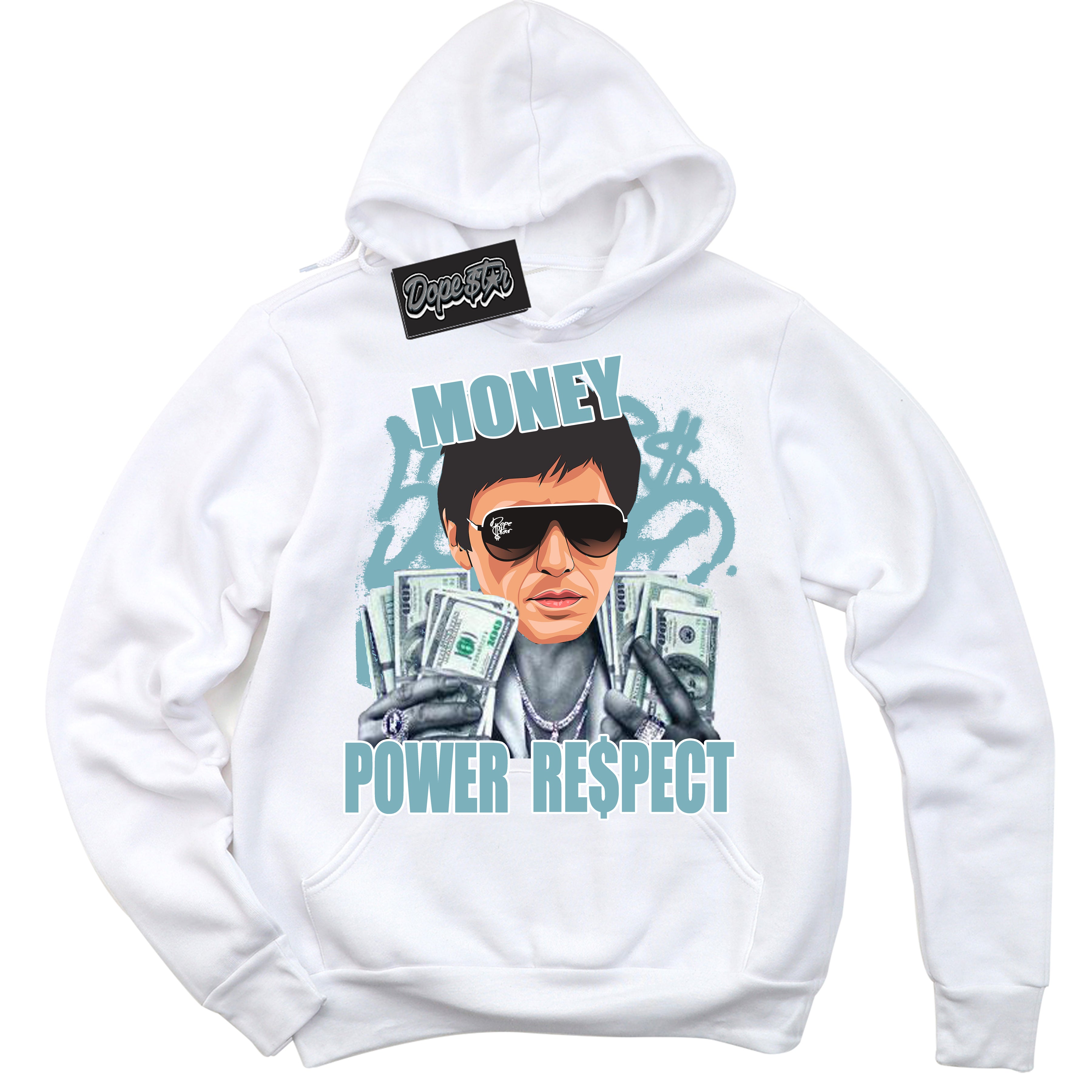 Cool White Hoodie with “Tony Montana” design that Perfectly Matches Denim Turquoise Dunk.