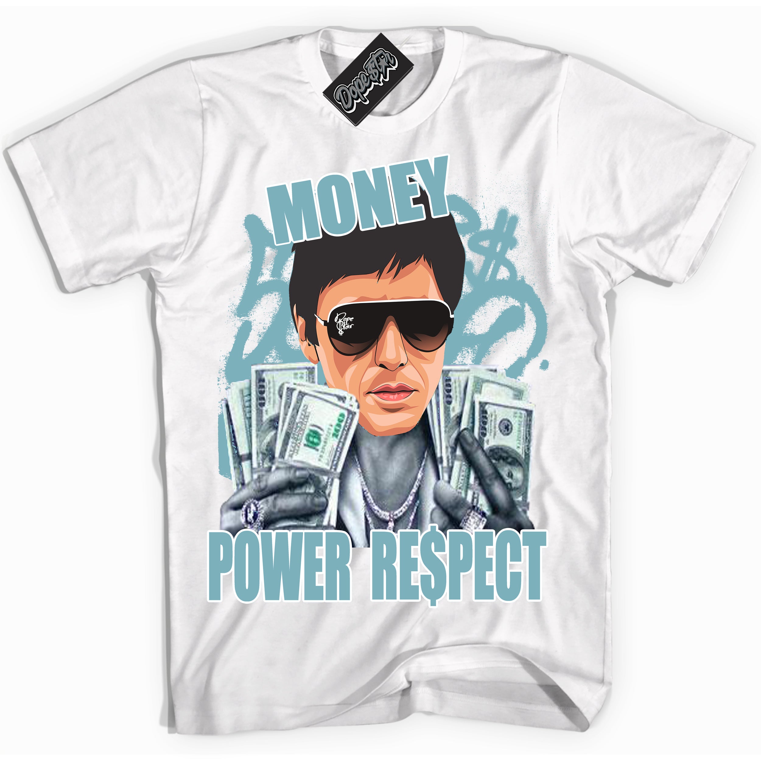 Cool White Shirt with “Tony Montana” design that perfectly matches Denim Turquoise Dunk.