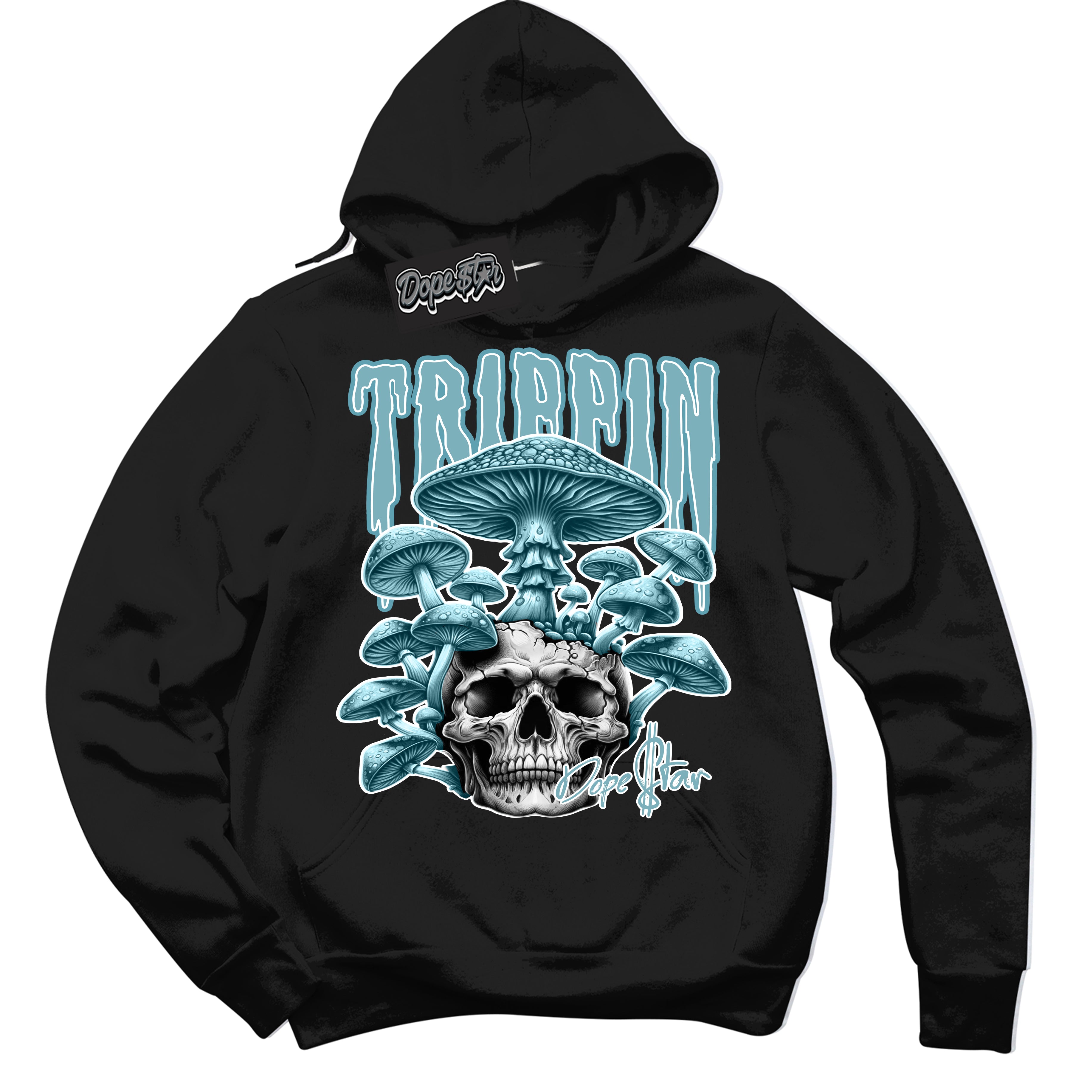 Cool Black Hoodie with “Trippin” design that Perfectly Matches Denim Turquoise Dunk.