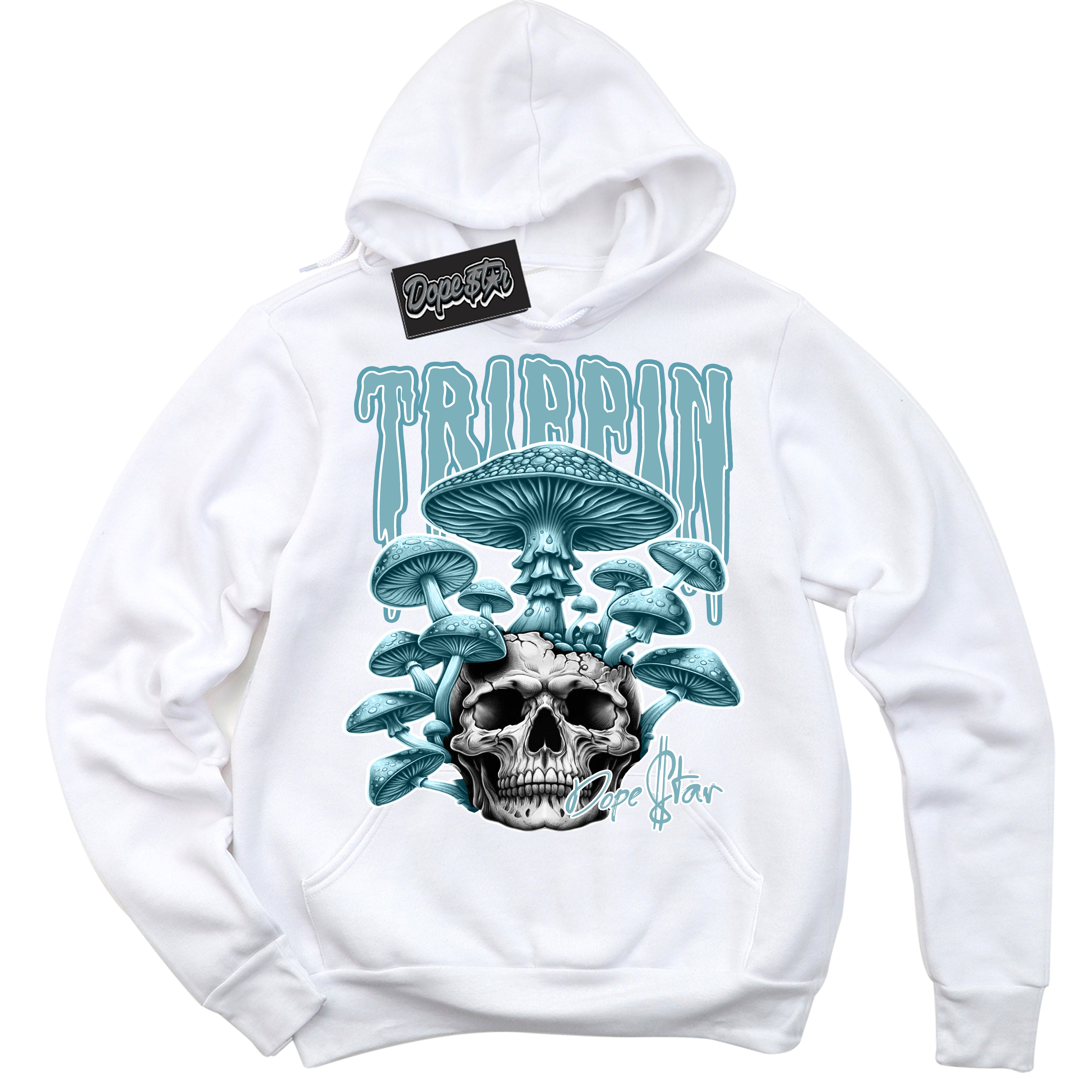 Cool White Hoodie with “Trippin” design that Perfectly Matches Denim Turquoise Dunk.