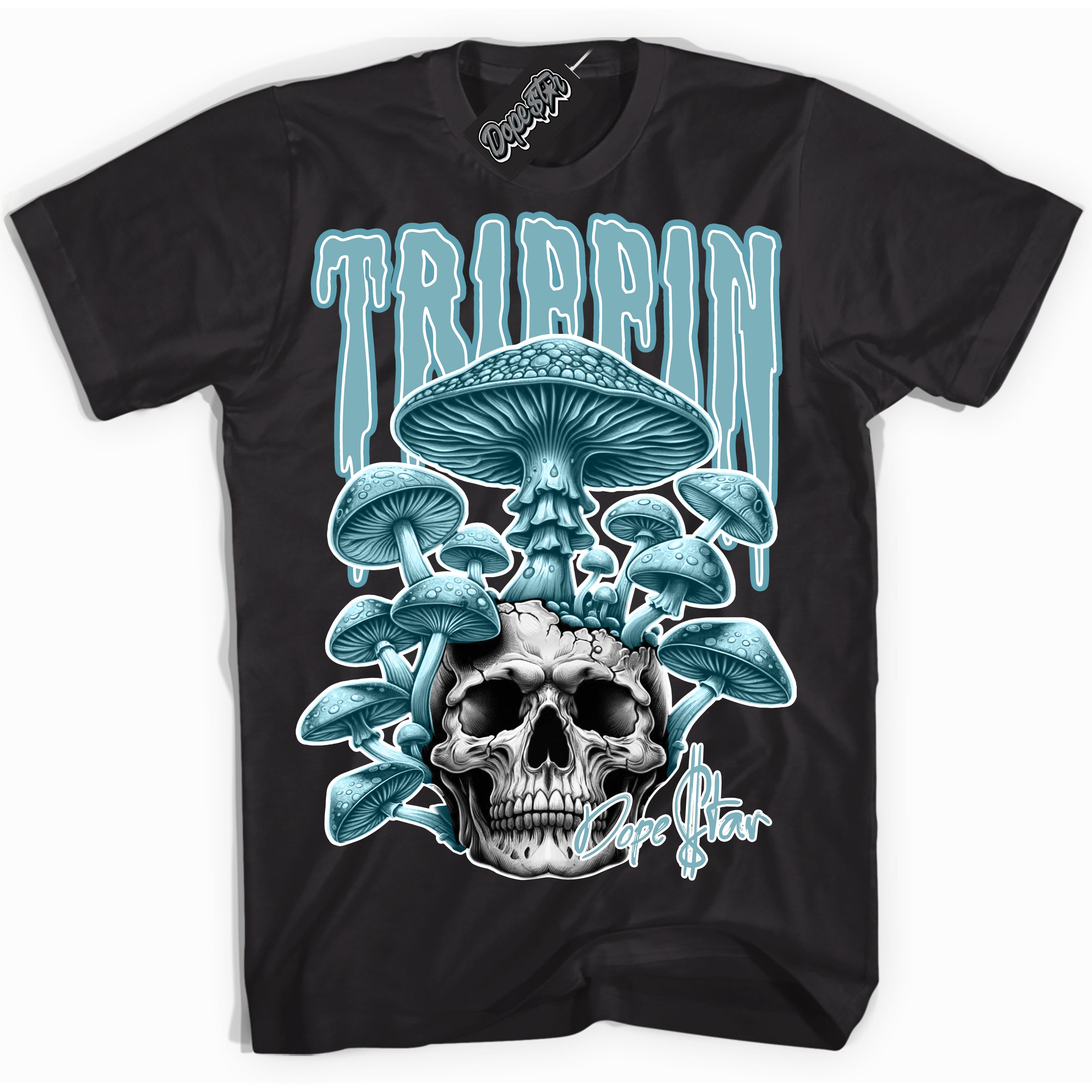 Cool Black Shirt with “Trippin” design that perfectly matches Denim Turquoise Dunk.