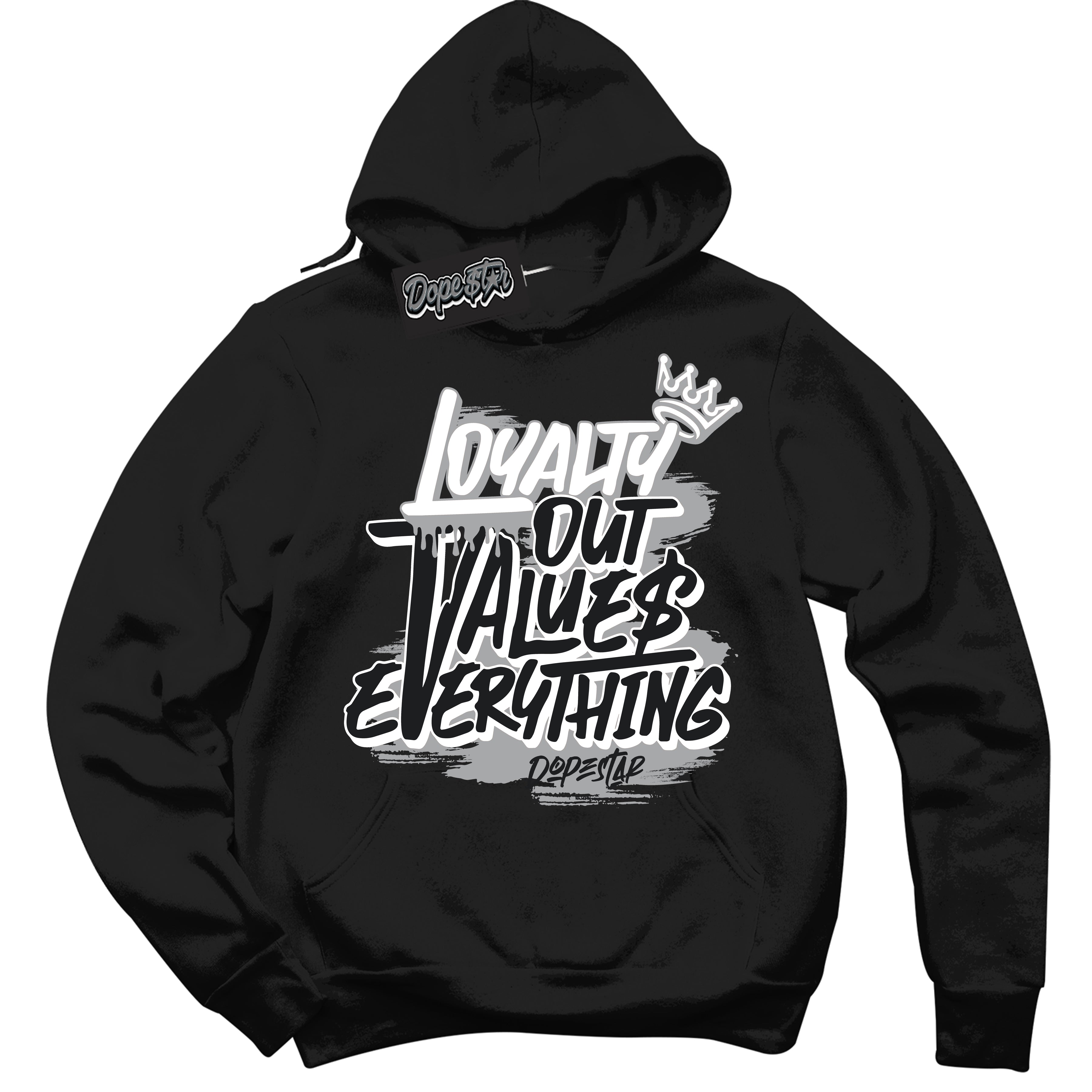 Cool Black Hoodie with “ Loyalty Out Values Everything ”  design that Perfectly Matches  Lottery Pack Grey Fog Sneakers.