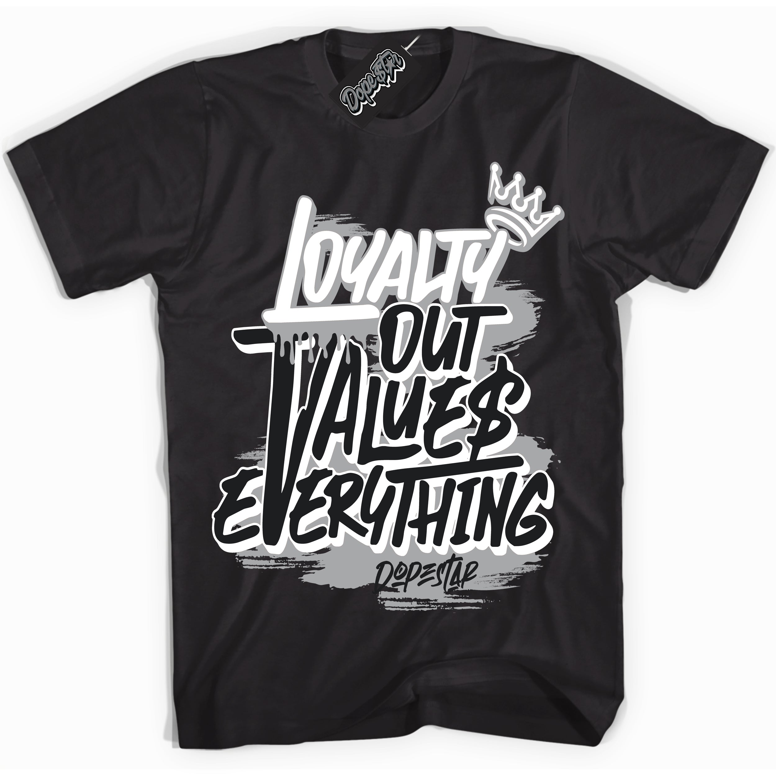 Cool Black Shirt with “ Loyalty Out Values Everything” design that perfectly matches Lottery Pack Grey Fog Sneakers.