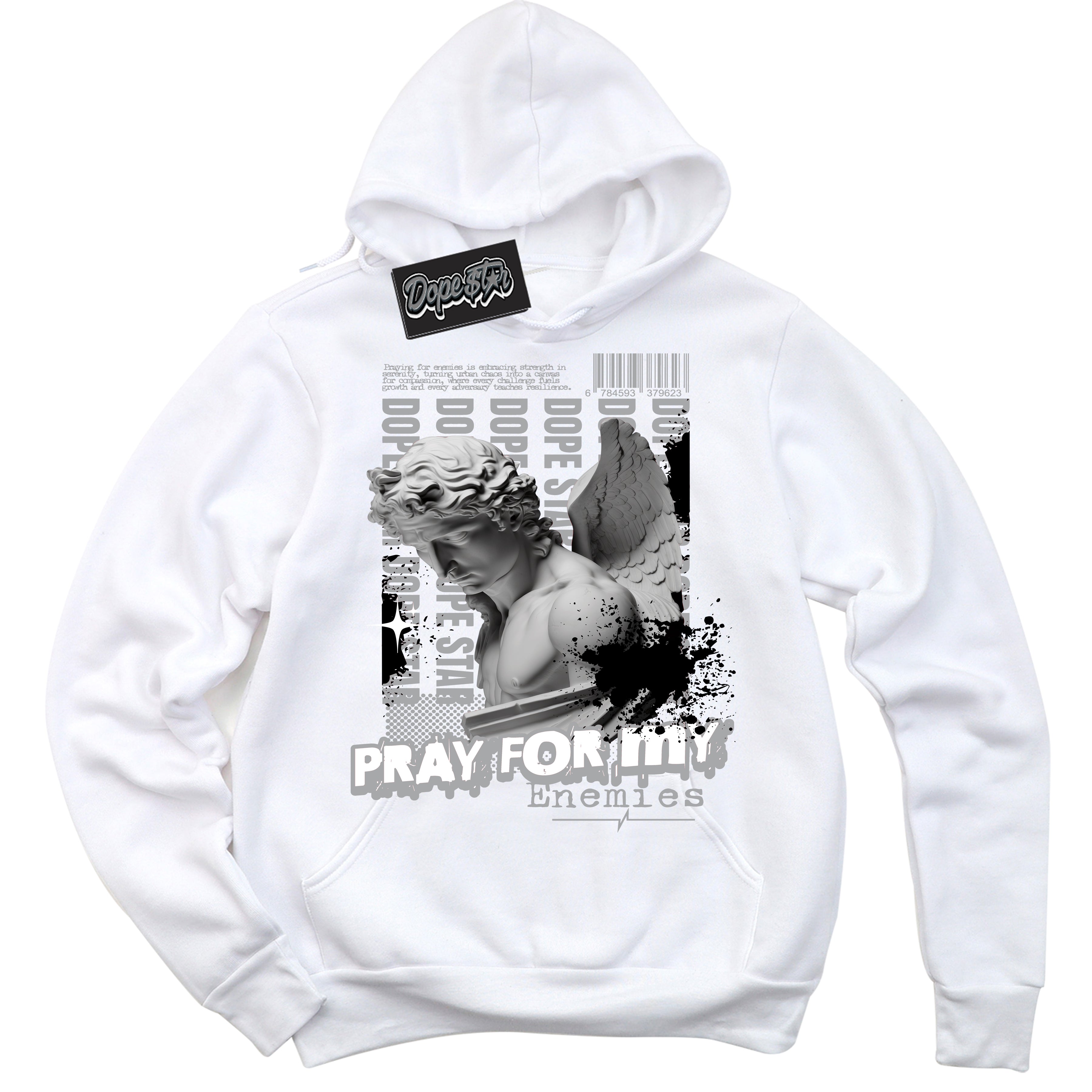 Cool White Hoodie with “ Pray Enemies ”  design that Perfectly Matches Lottery Pack Grey Fog Sneakers.