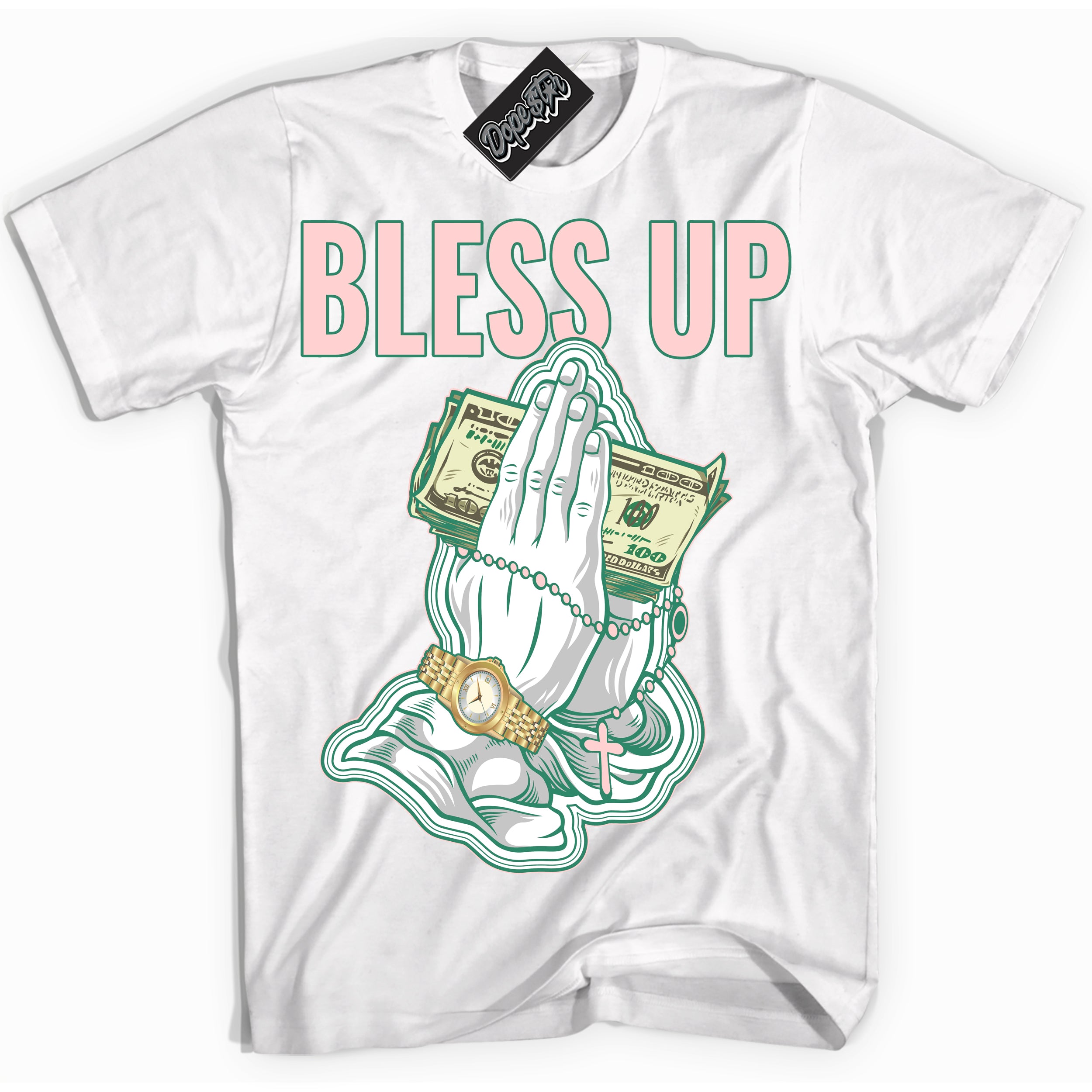 Cool White Shirt with “ Bless Up ” design that perfectly matches Malachite Dunks.