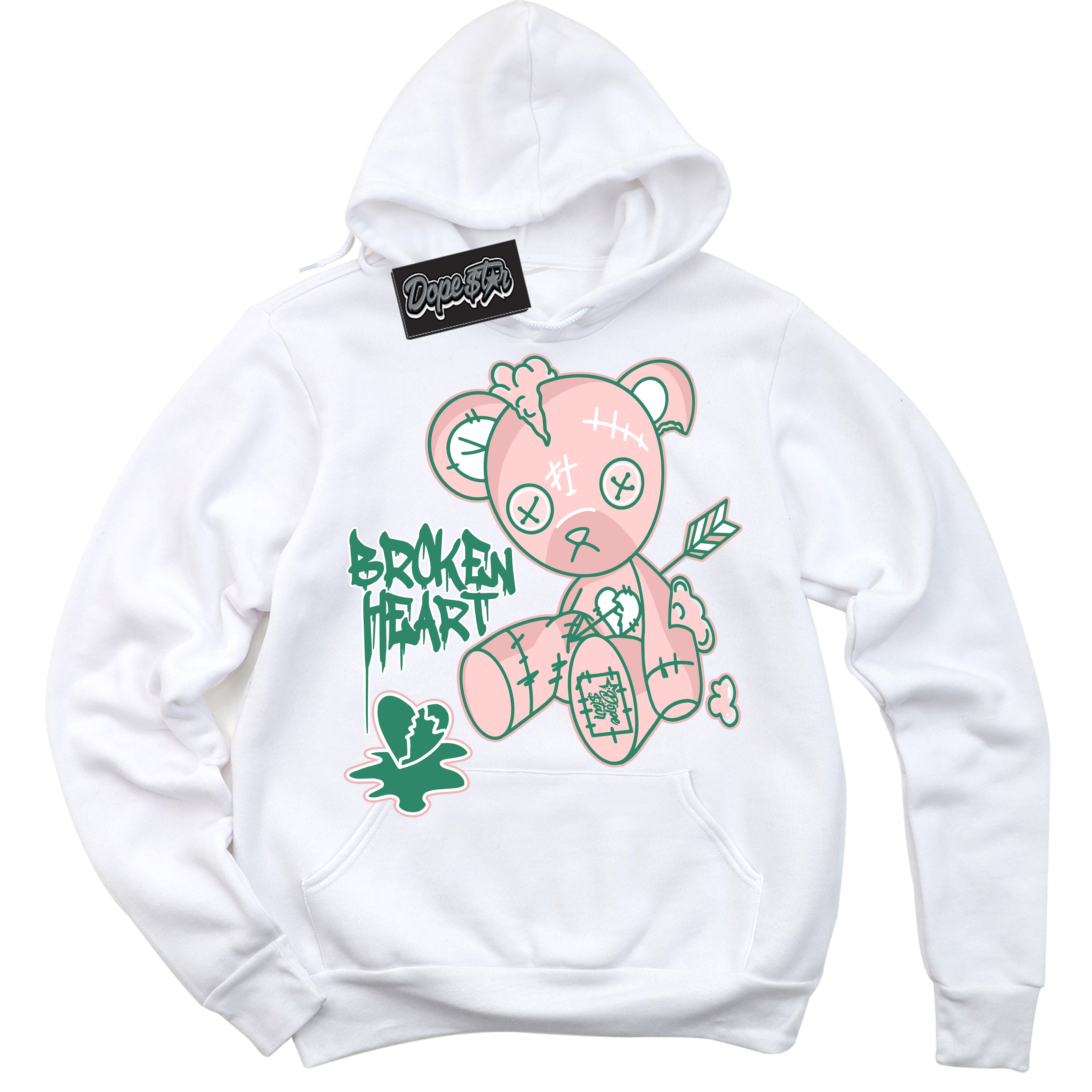 Cool White Hoodie with “ Broken Heart Bear ”  design that Perfectly Matches Malachite Dunks.