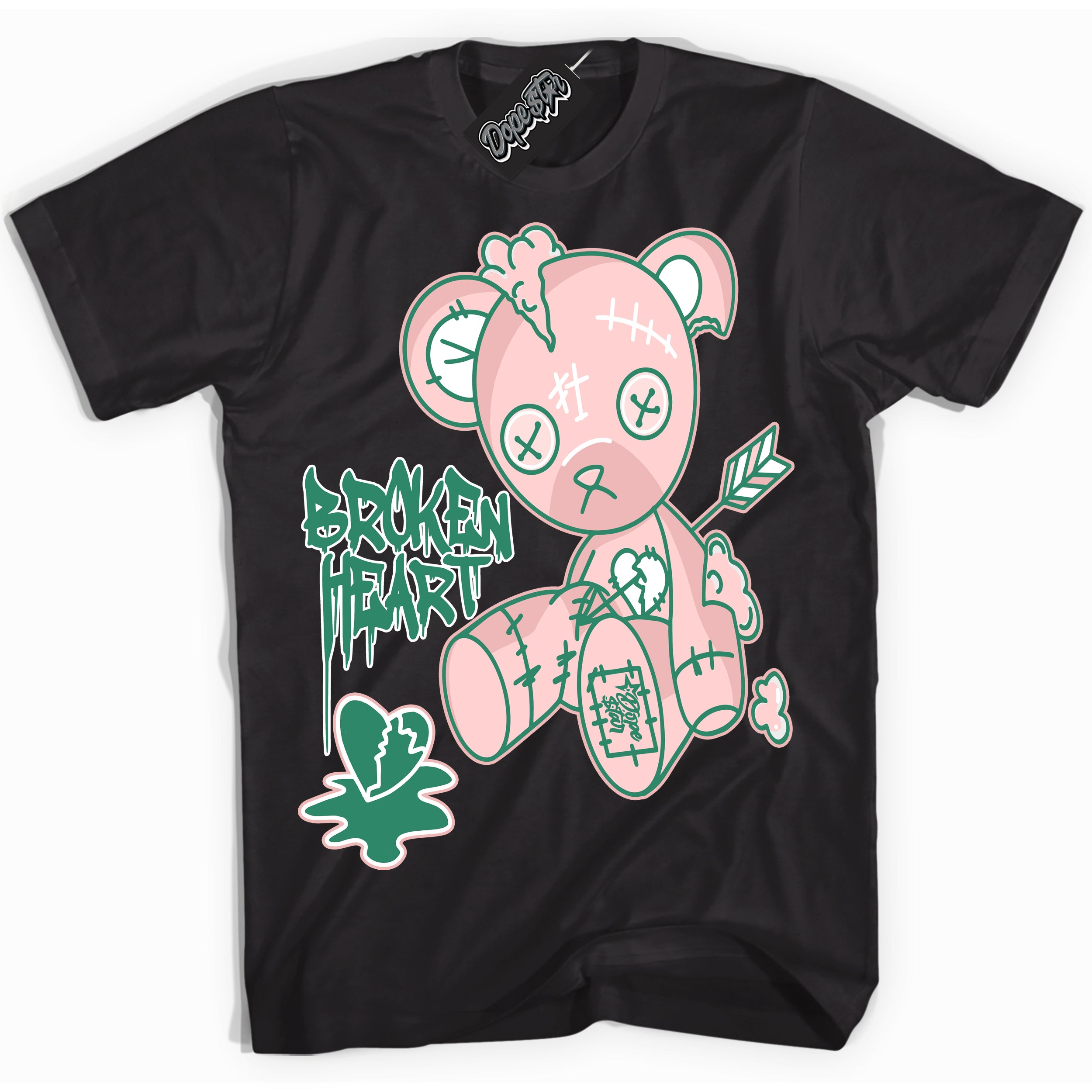 Cool Black Shirt with “ Broken Heart Bear ” design that perfectly matches Malachite Dunks.