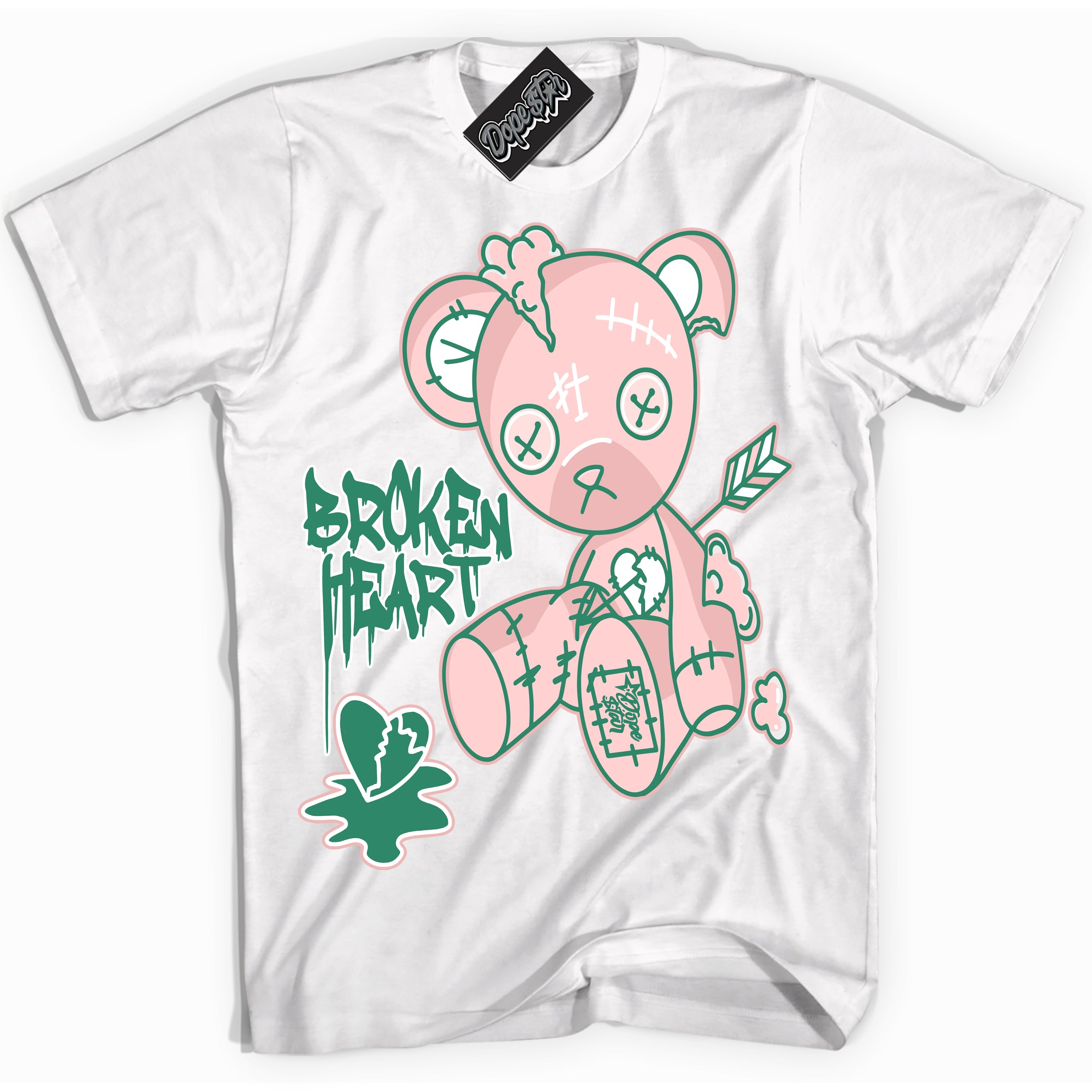 Cool White Shirt with “ Broken Heart Bear ” design that perfectly matches Malachite Dunks.