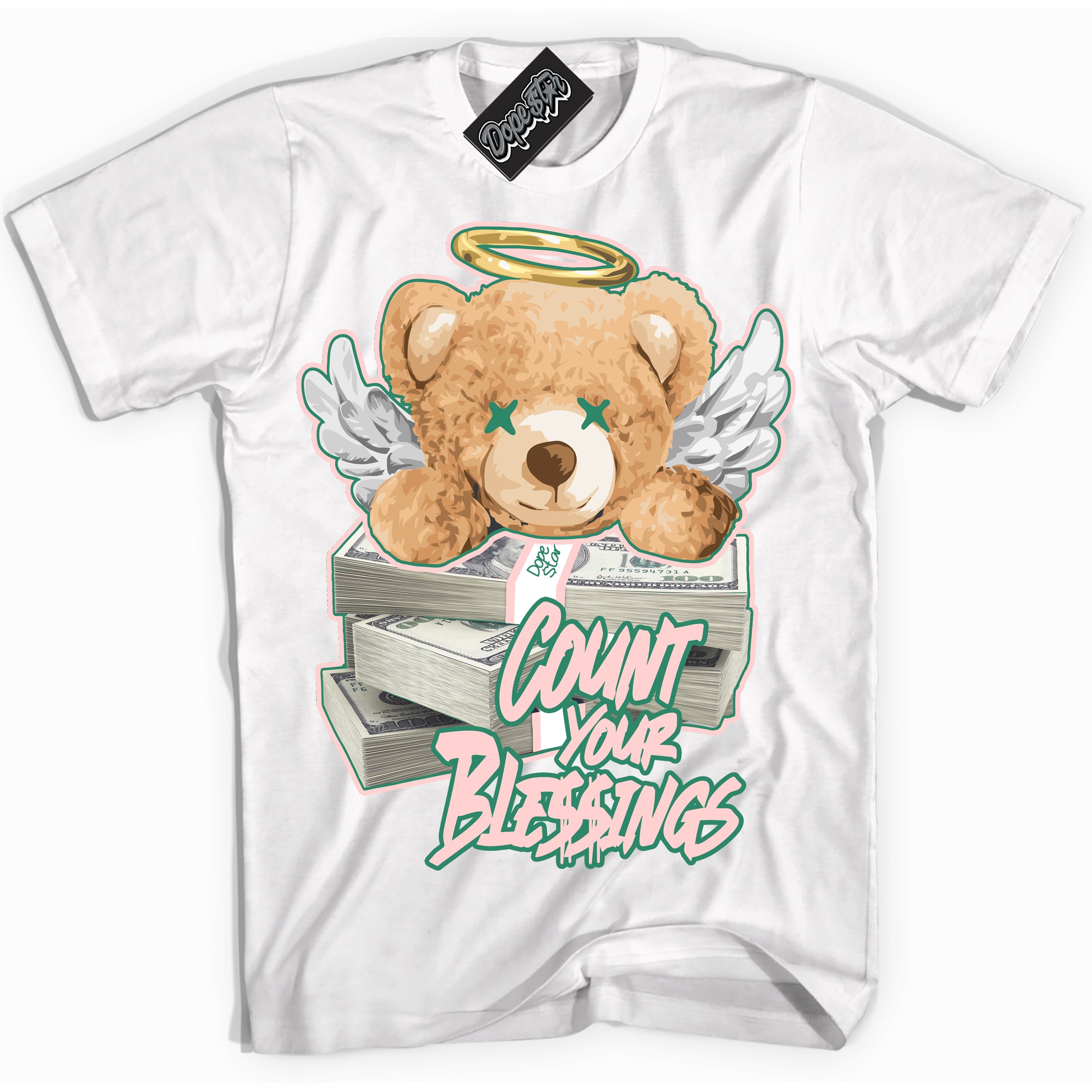 Cool White Shirt with “ Count Your Blessings ” design that perfectly matches Malachite Dunks.