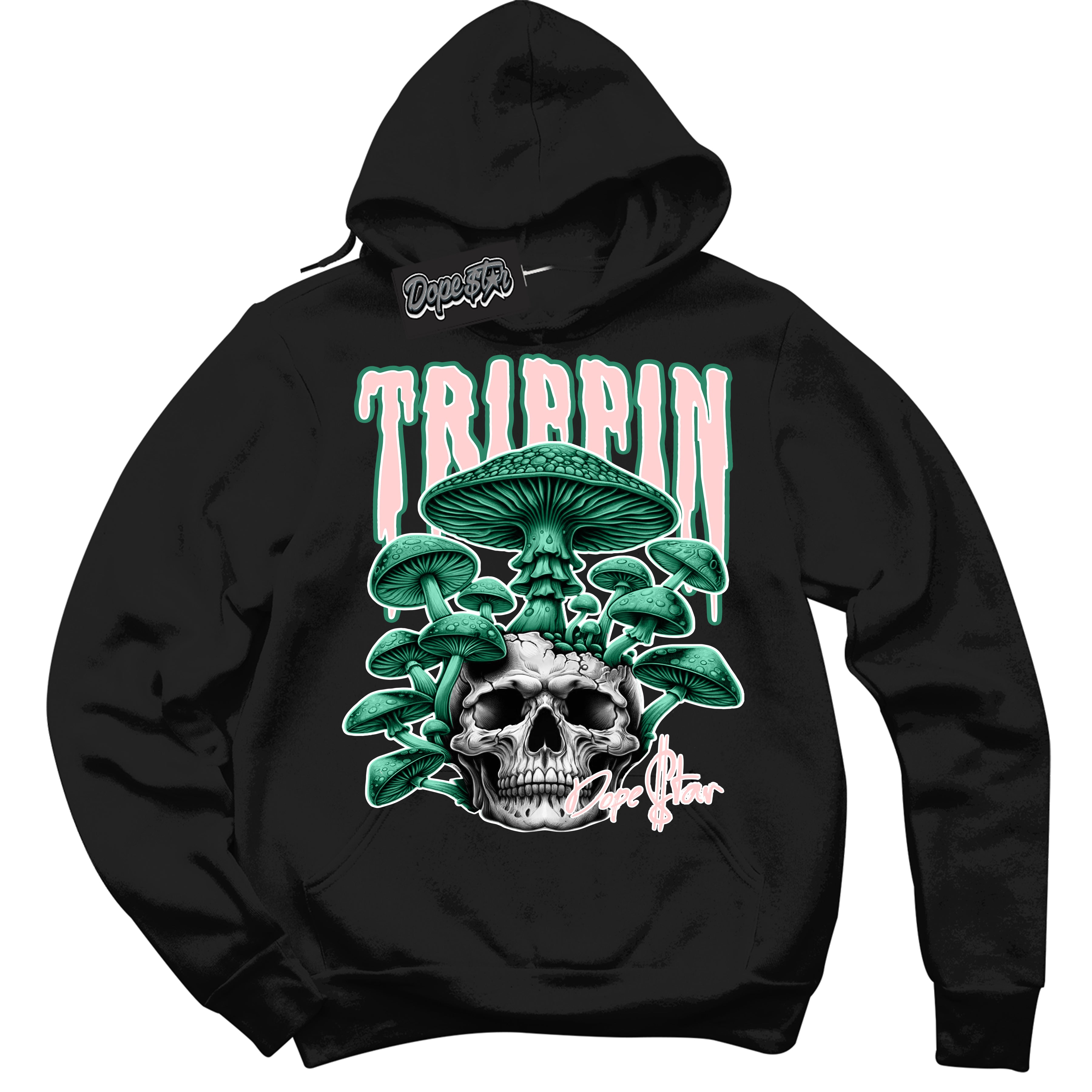 Cool Black Hoodie with “Trippin” design that Perfectly Matches Malachite Dunk Sneakers.