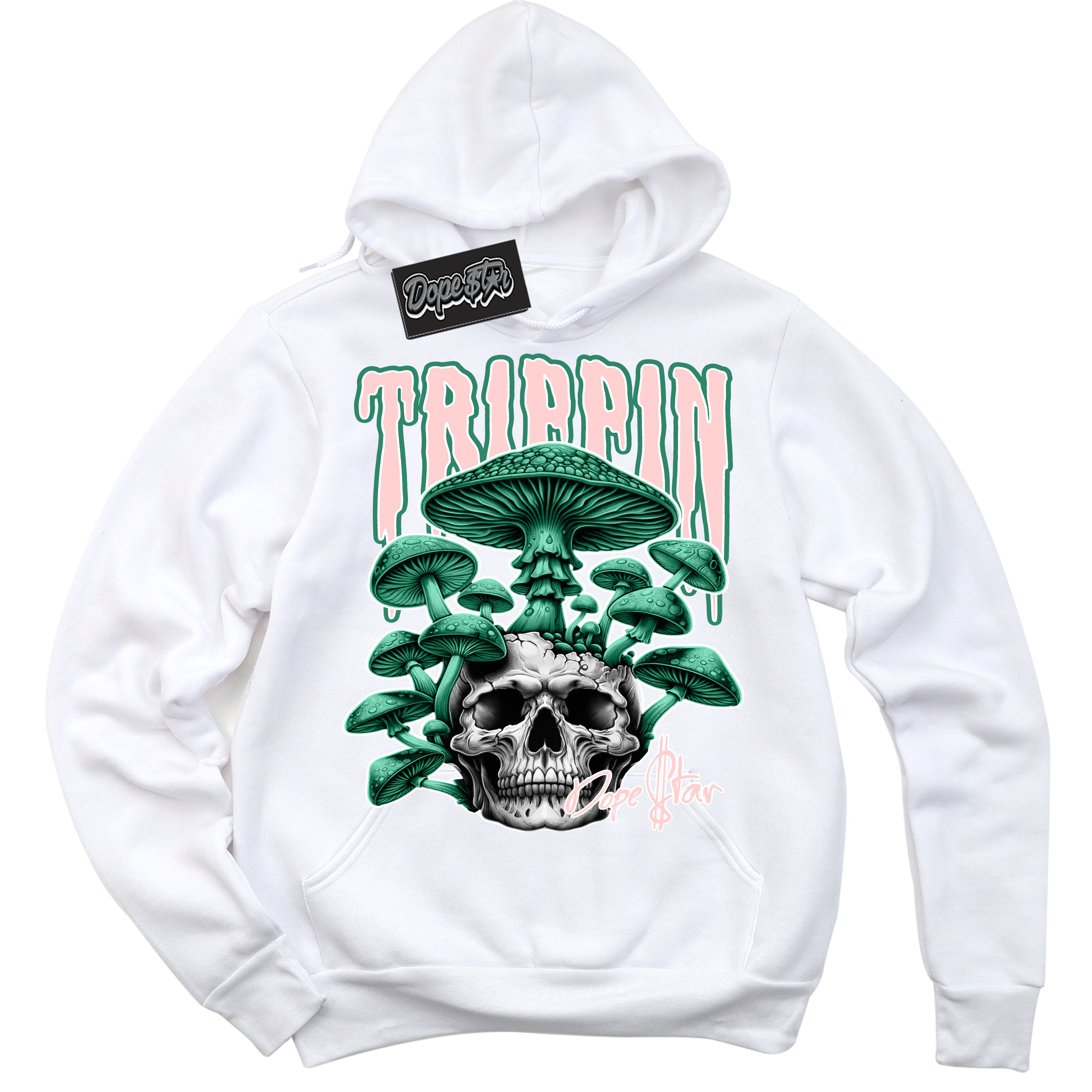 Cool White Hoodie with “Trippin” design that Perfectly Matches Malachite Dunk Sneakers.