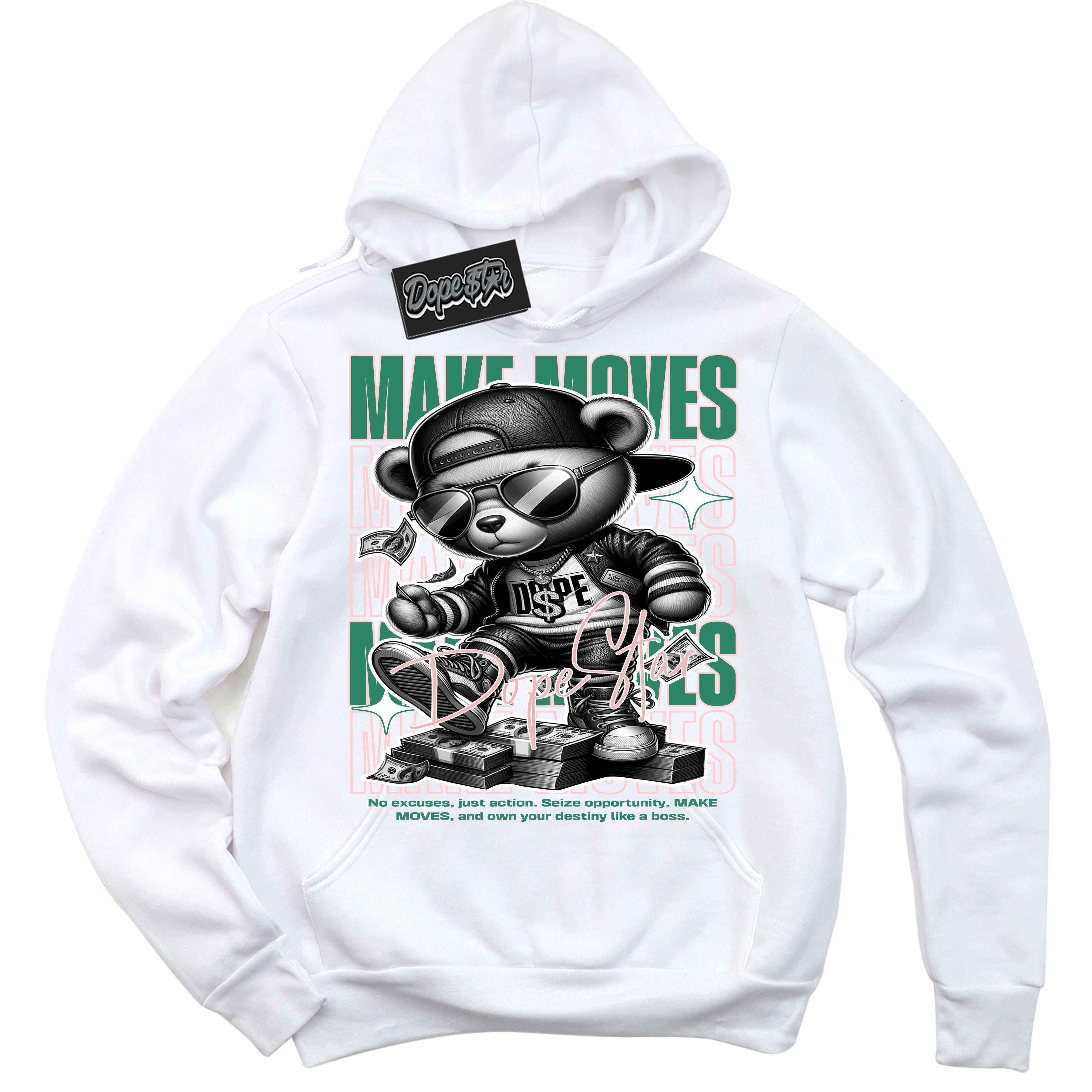 Cool White Hoodie with “ Makin Moves ”  design that Perfectly Matches Malachite Sneakers.