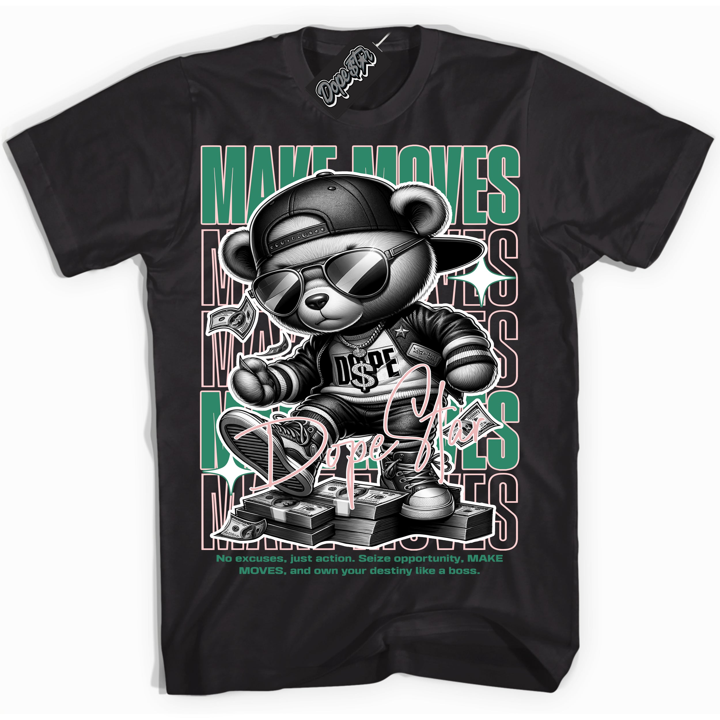 Cool Black Shirt with “ Makin Moves” design that perfectly matches Malachite Sneakers.