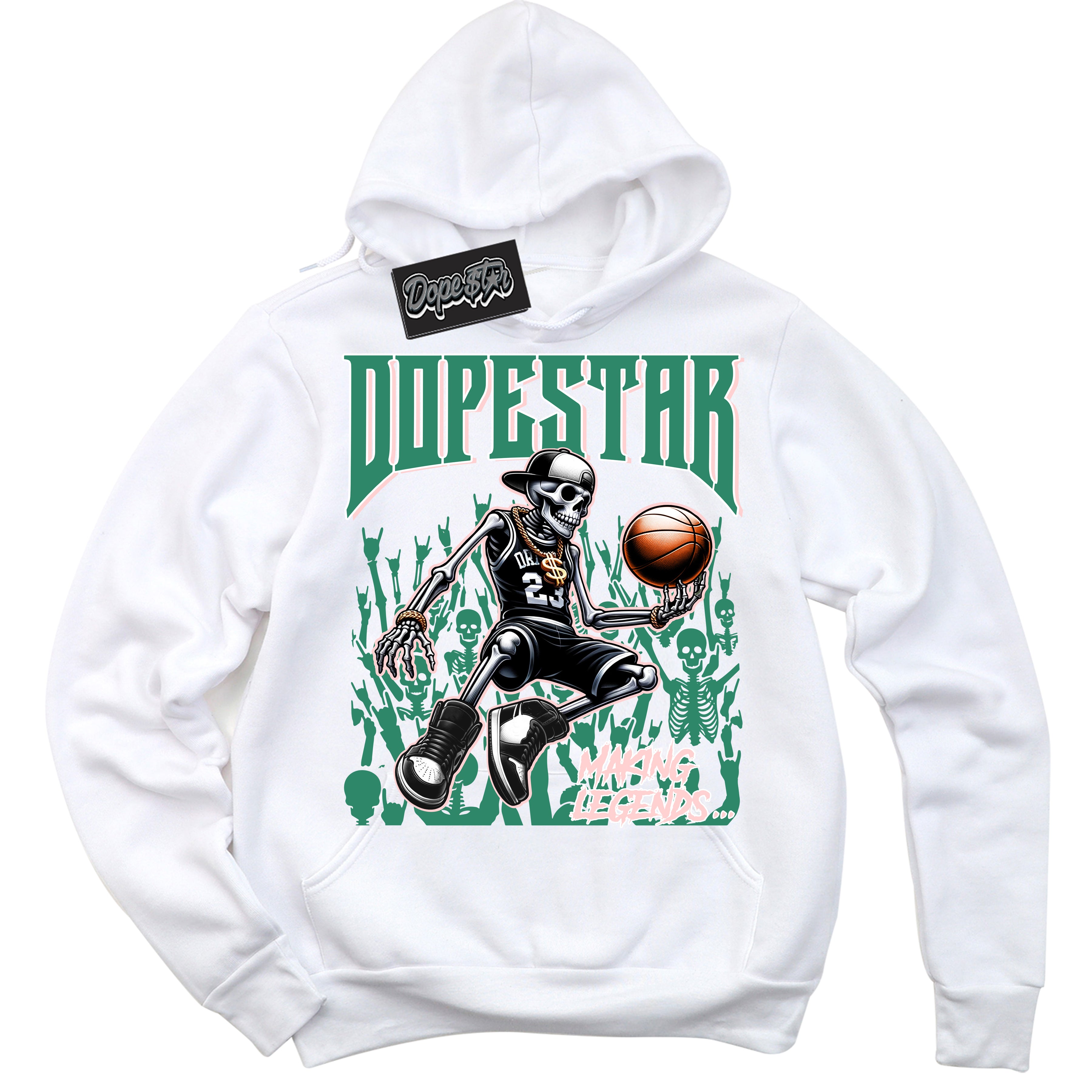 Cool White Hoodie with “ Making Legends ”  design that Perfectly Matches Malachite Sneakers.