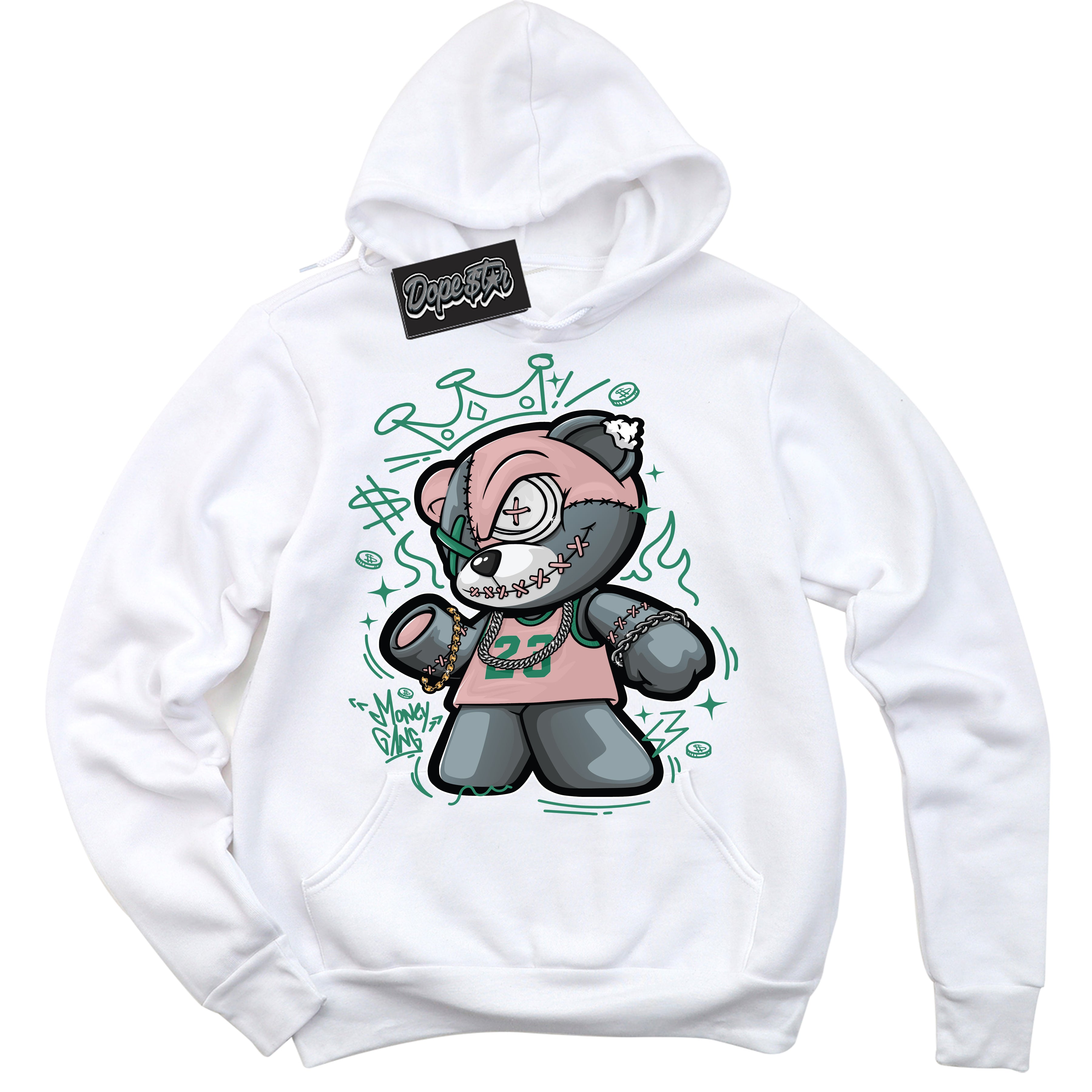 Cool White Hoodie with “ Money Gang Bear ”  design that Perfectly Matches Malachite Dunks.