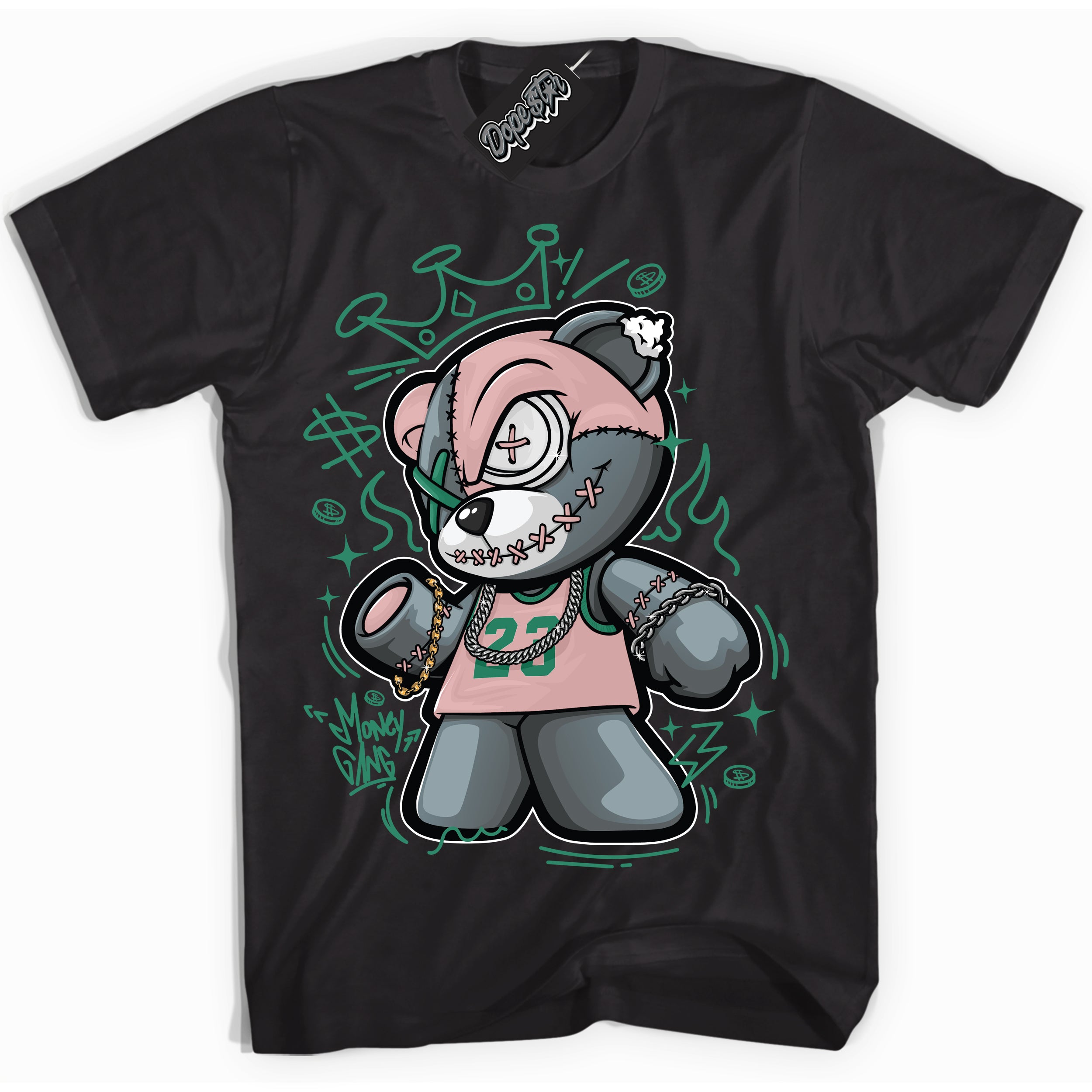 Cool Black Shirt with “ Money Gang Bear ” design that perfectly matches Malachite Dunks.