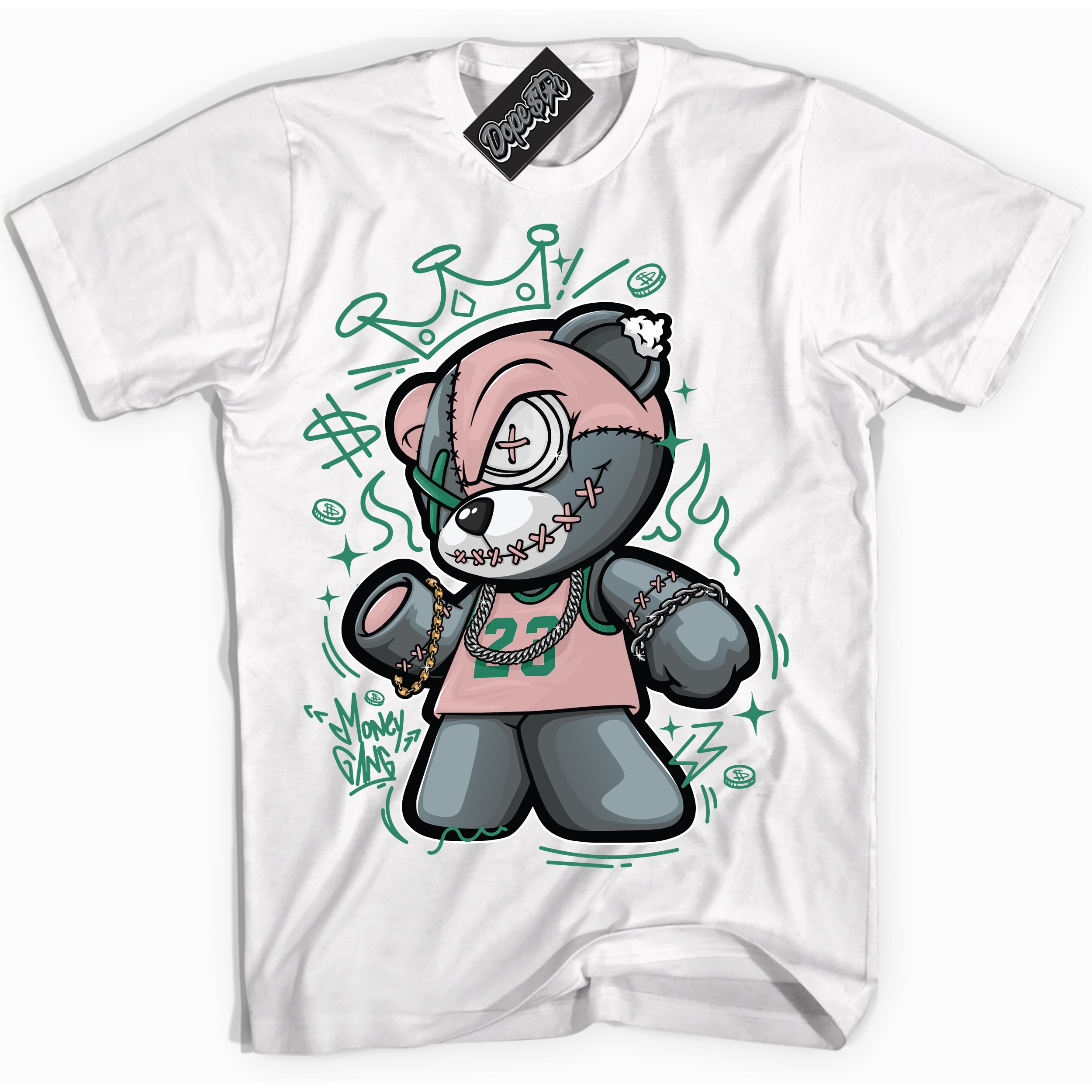 Cool White Shirt with “ Money Gang Bear ” design that perfectly matches Malachite Dunks.