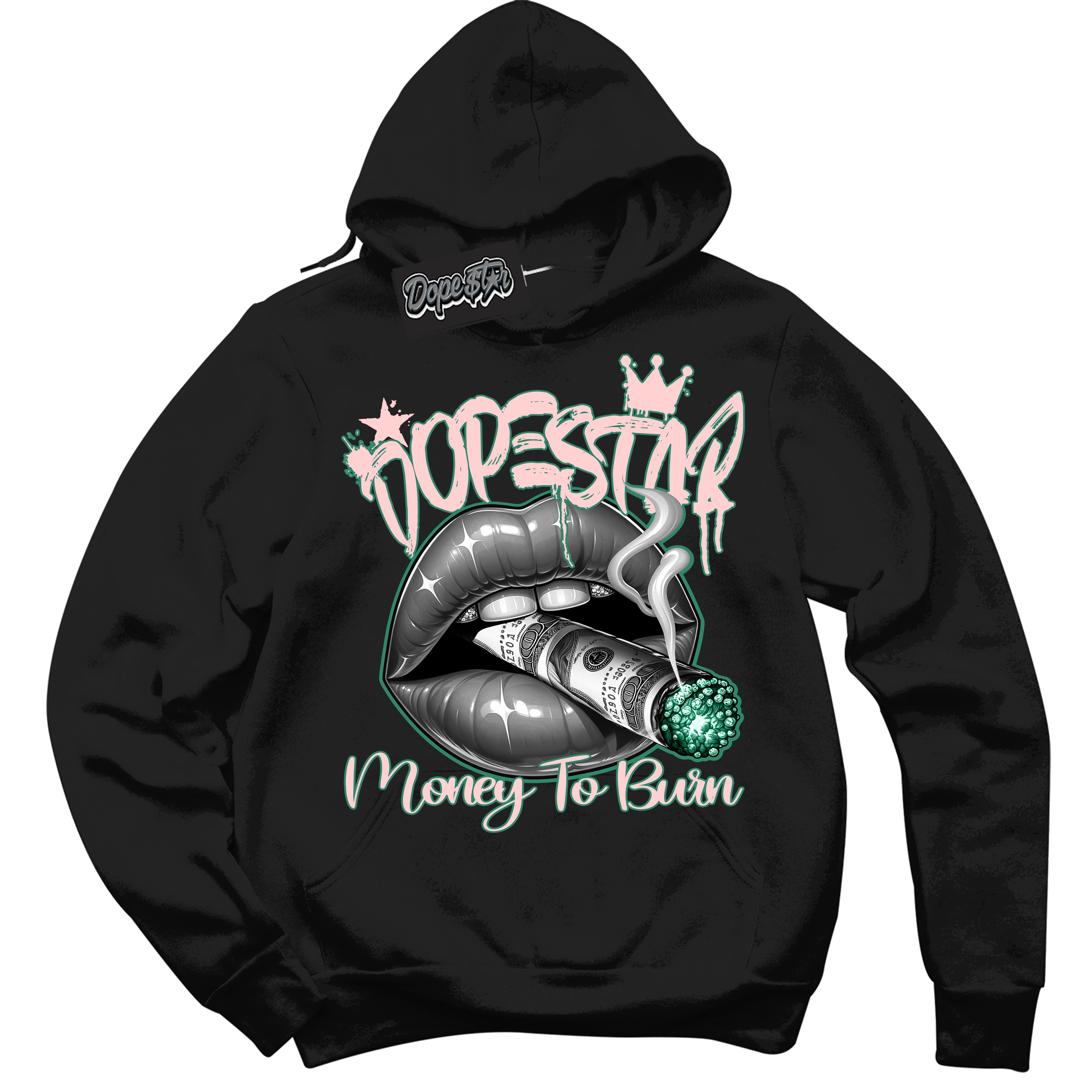 Cool Black Hoodie with “ Money To Burn ”  design that Perfectly Matches Malachite Sneakers.