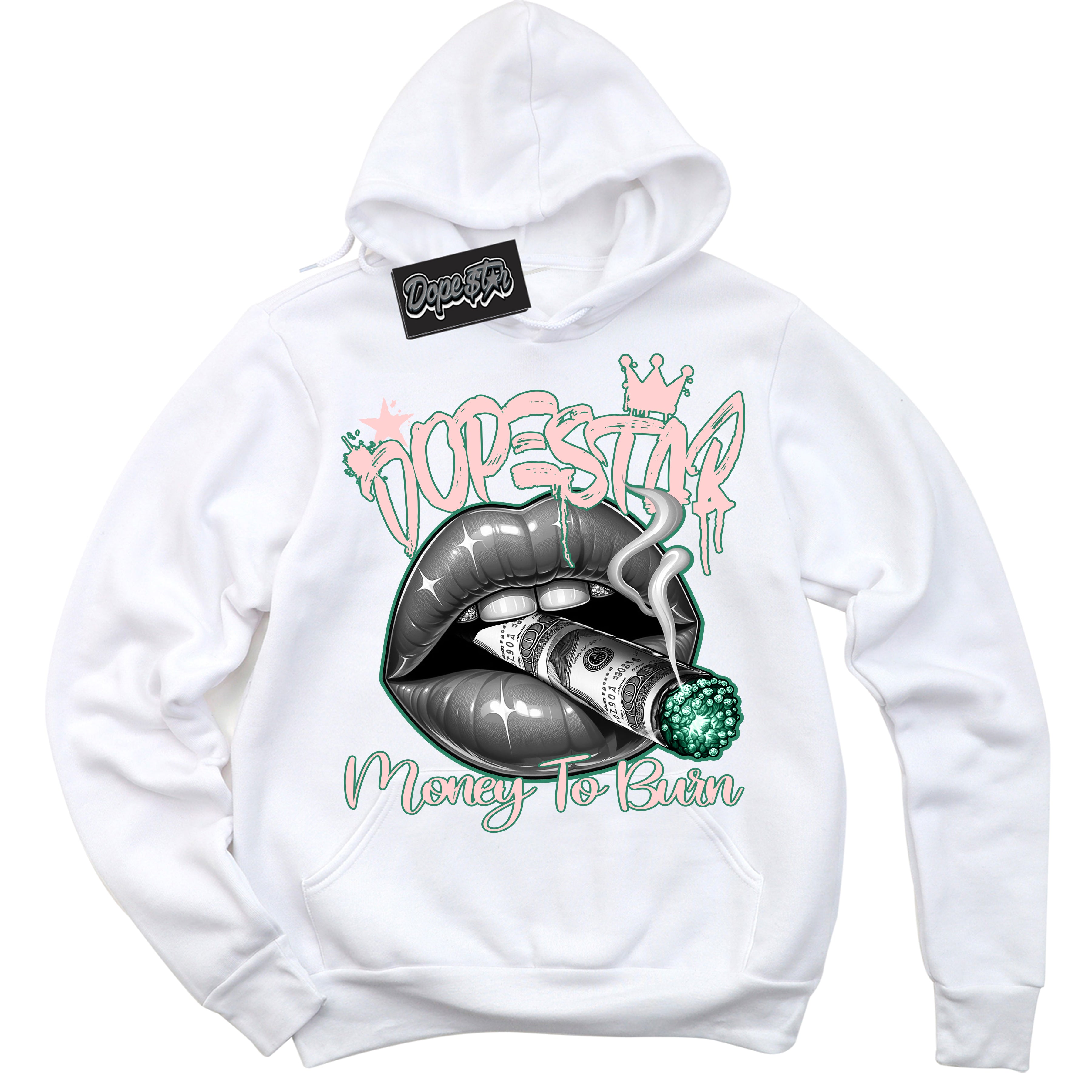 Cool White Hoodie with “ Money To Burn ”  design that Perfectly Matches Malachite Sneakers.