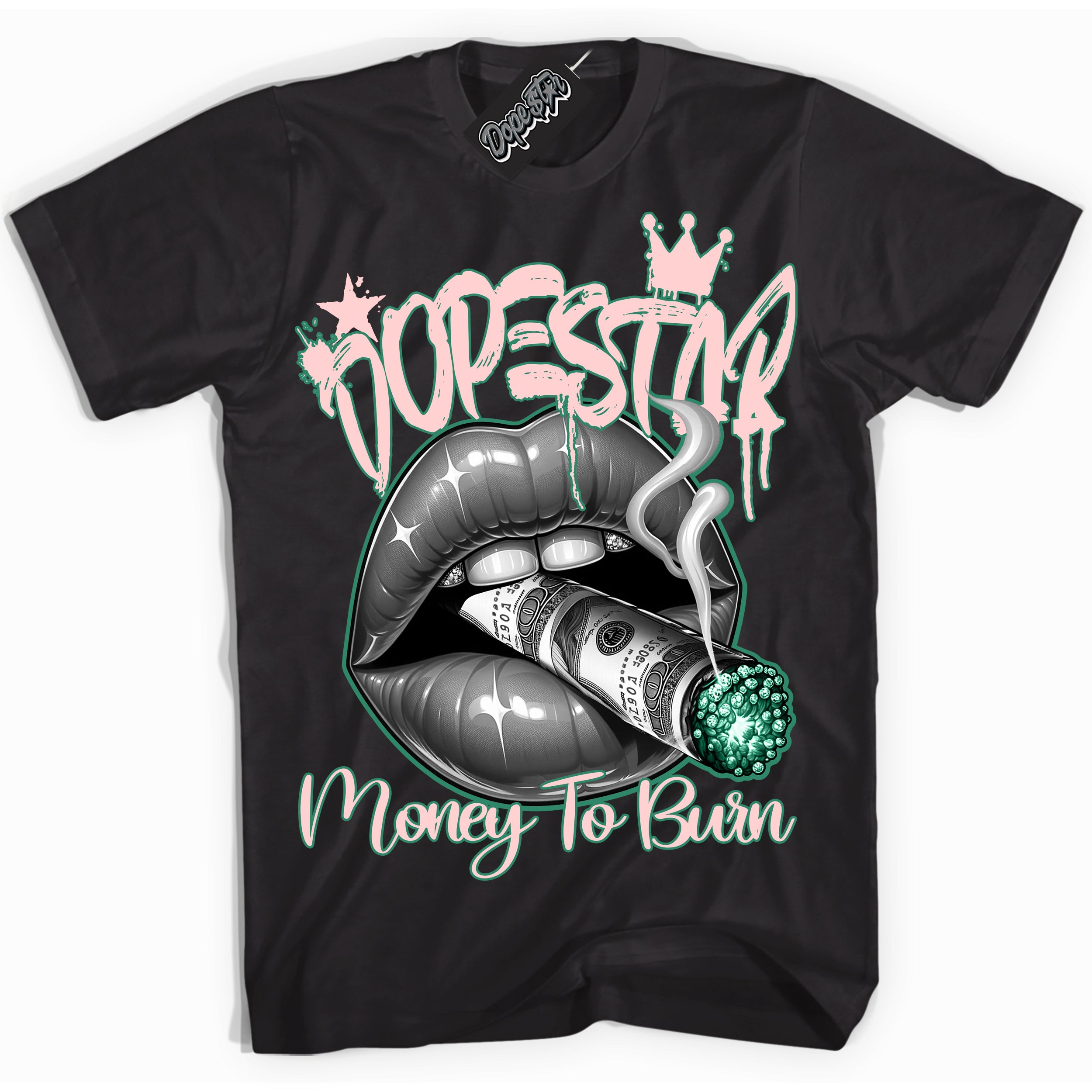 Cool Black Shirt with “ Money To Burn” design that perfectly matches Malachite Sneakers.