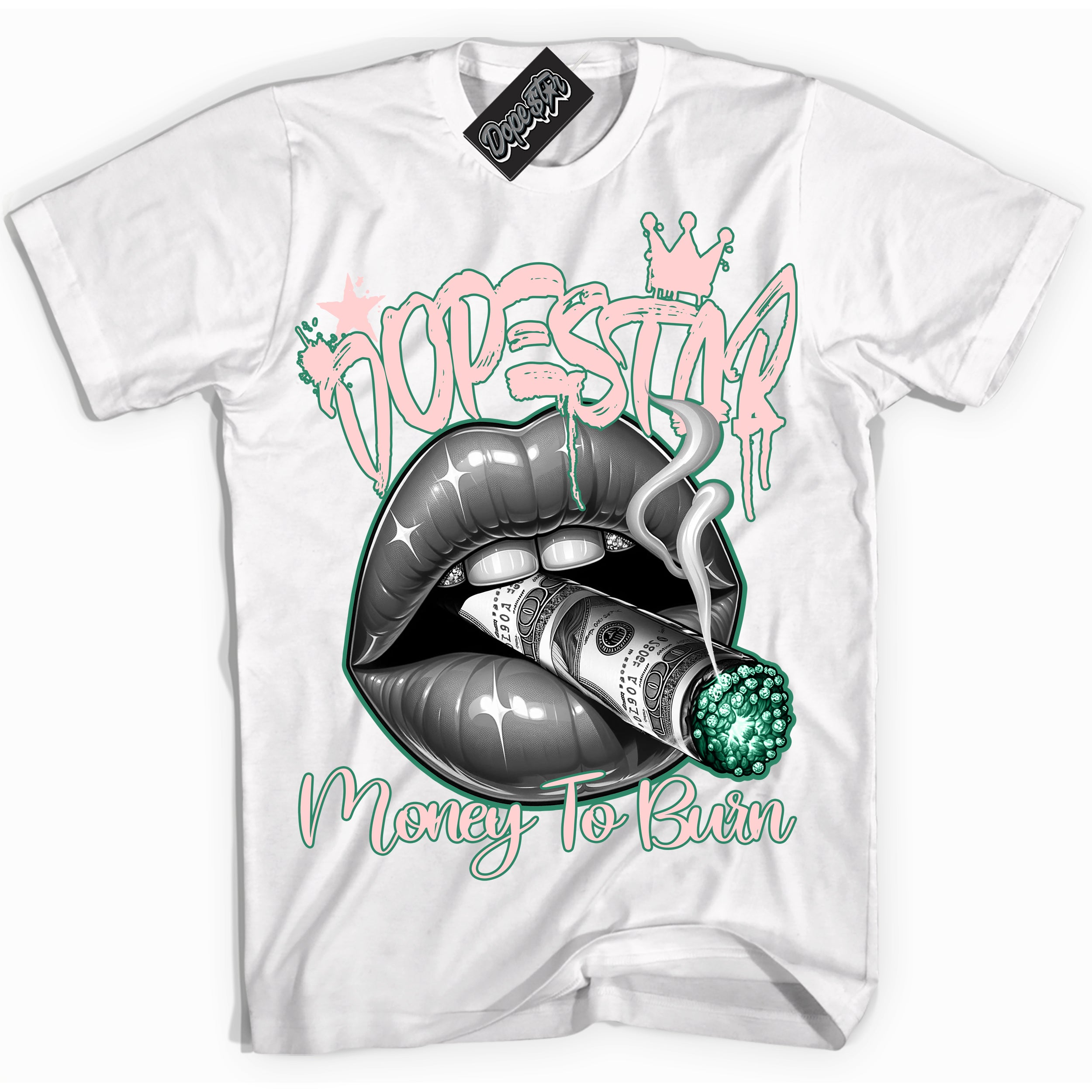 Cool White Shirt with “ Money To Burn” design that perfectly matches Malachite Sneakers.