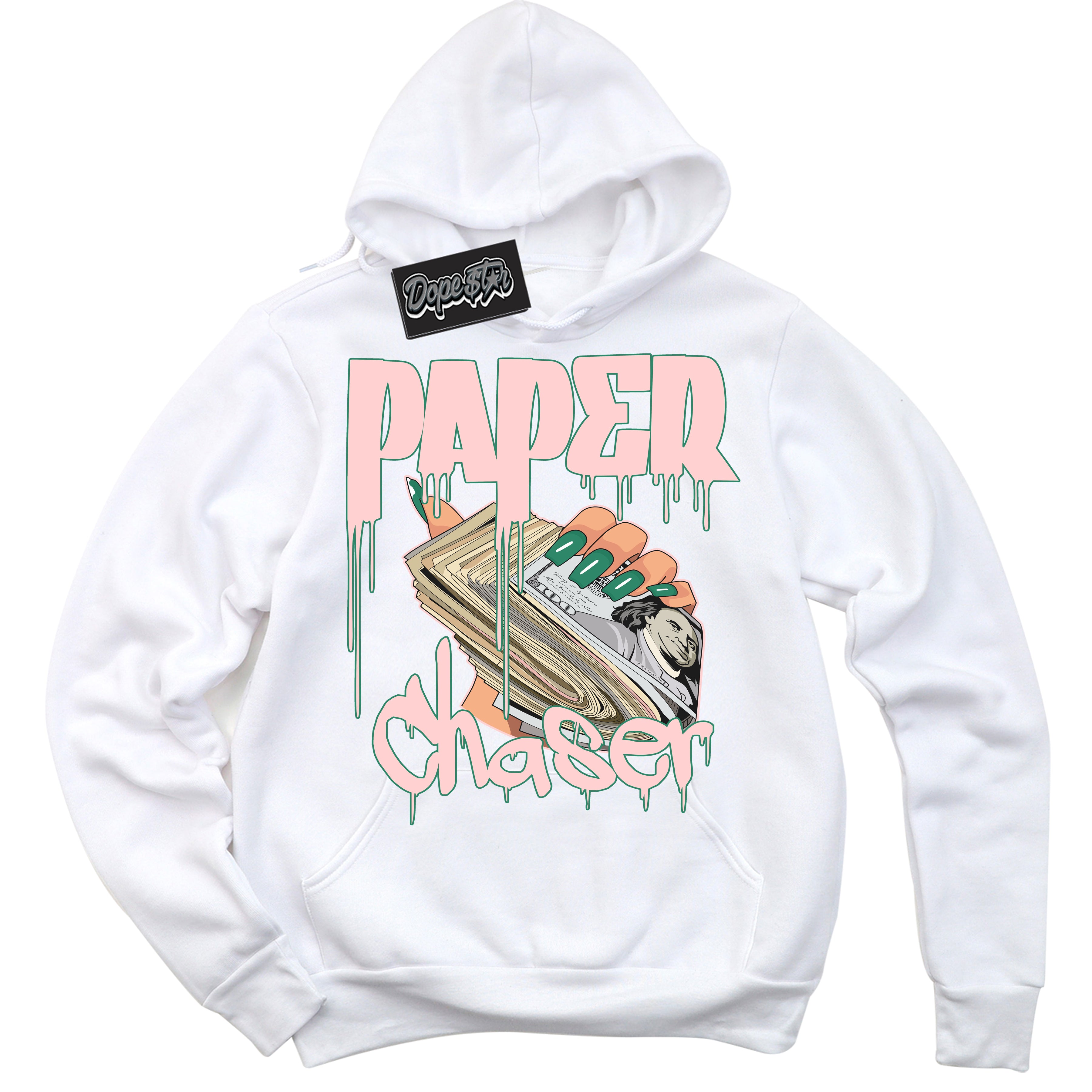 Cool White Hoodie with “ Paper Chaser ”  design that Perfectly Matches Malachite Dunks.