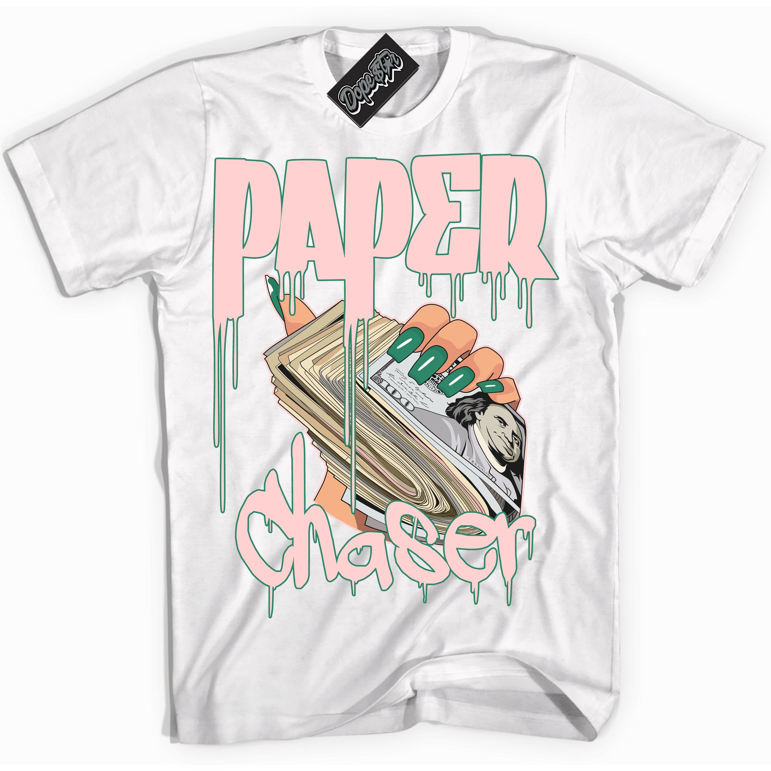 Cool White Shirt with “ Paper Chaser ” design that perfectly matches Malachite Dunks.