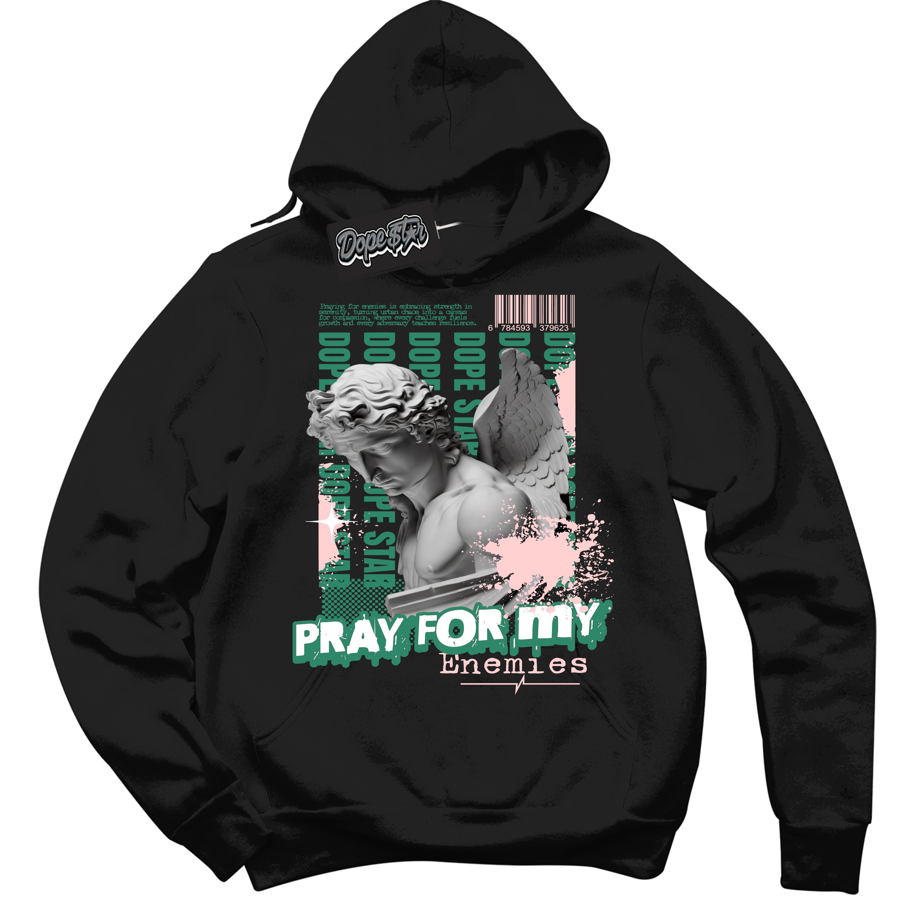 Cool Black Hoodie with “ Pray Enemies ”  design that Perfectly Matches Malachite Sneakers.