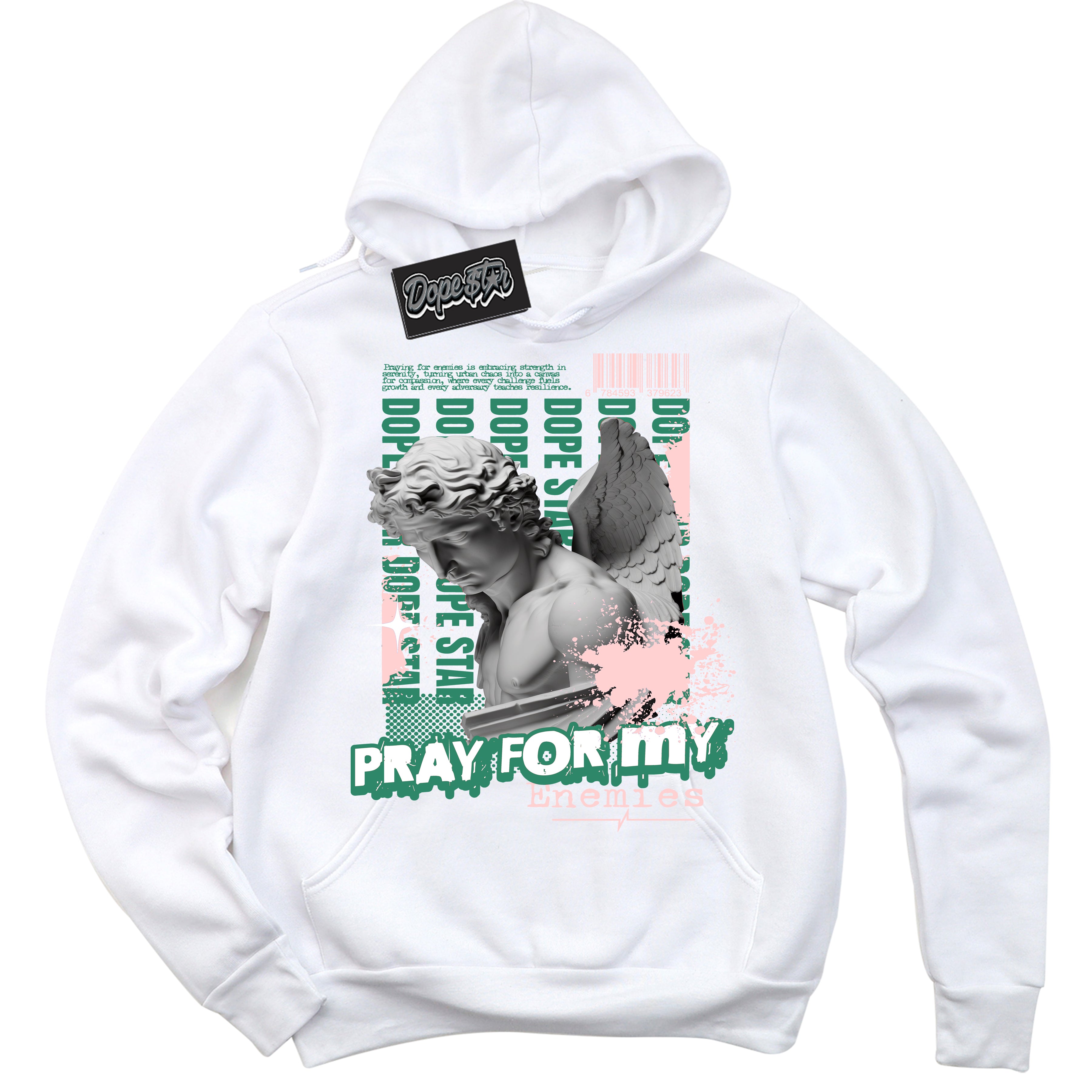 Cool White Hoodie with “ Pray Enemies ”  design that Perfectly Matches Malachite Sneakers.