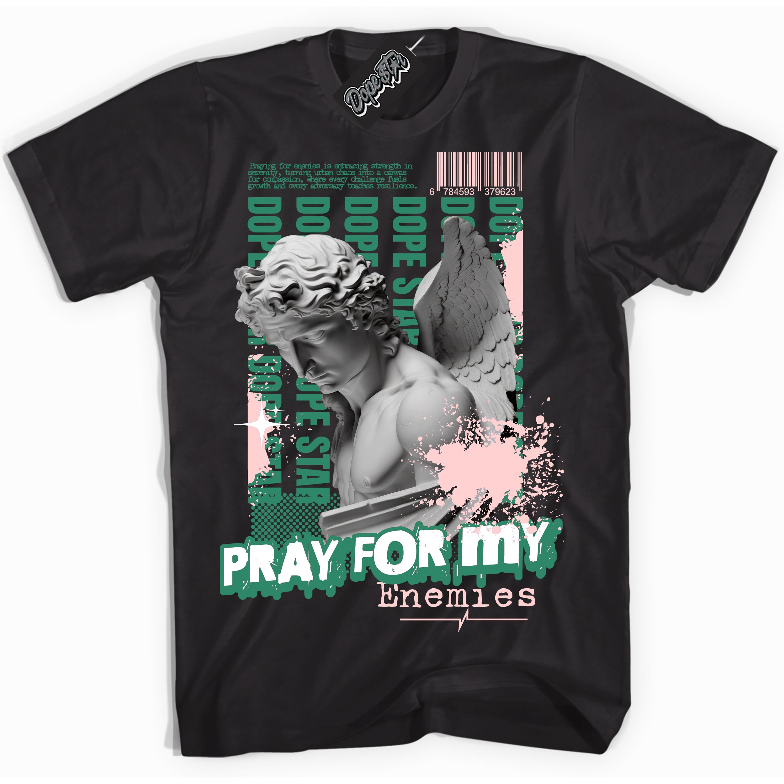 Cool Black Shirt with “ Pray Enemies” design that perfectly matches Malachite Sneakers.