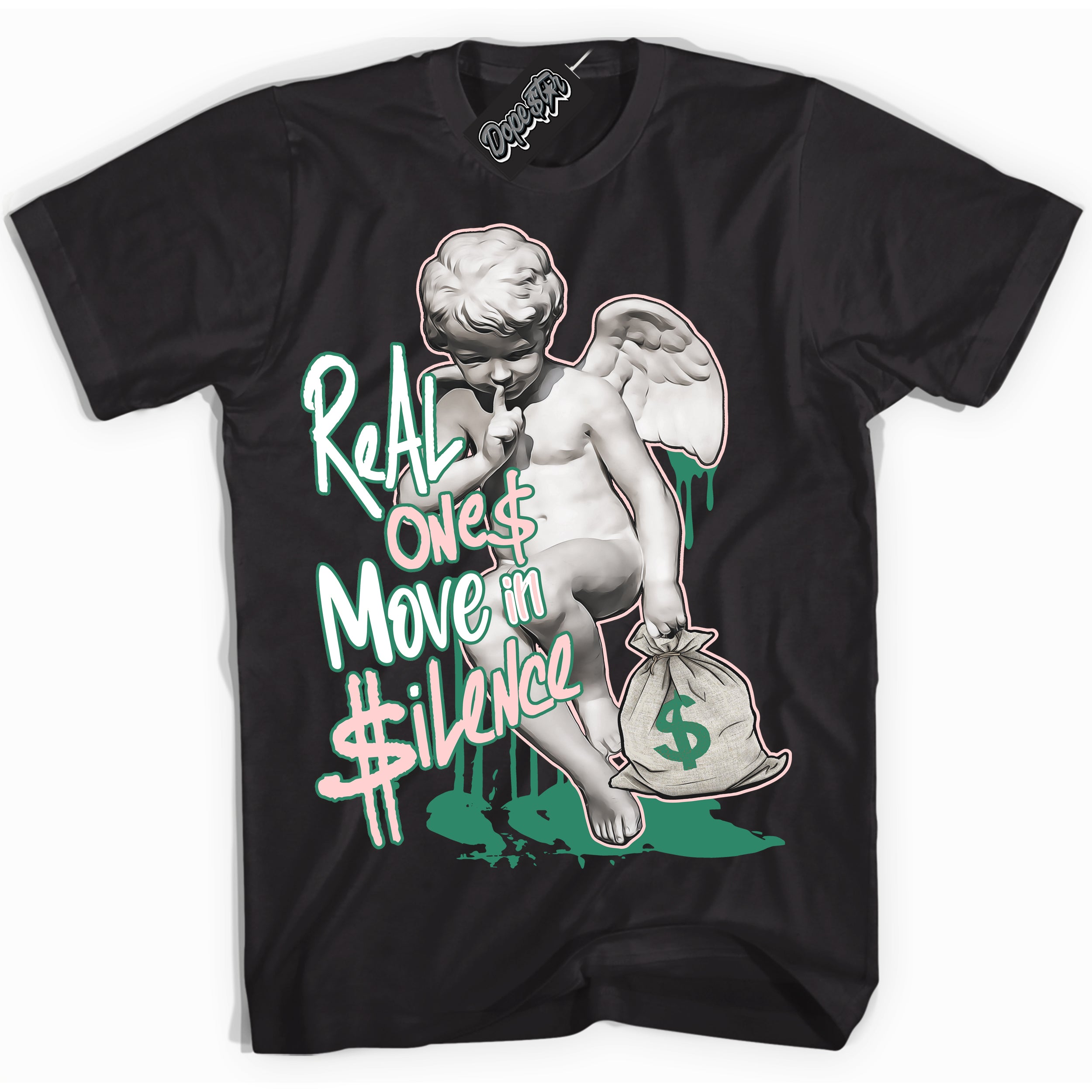 Cool Black Shirt with “ Real Ones Cherub ” design that perfectly matches Malachite Dunks.