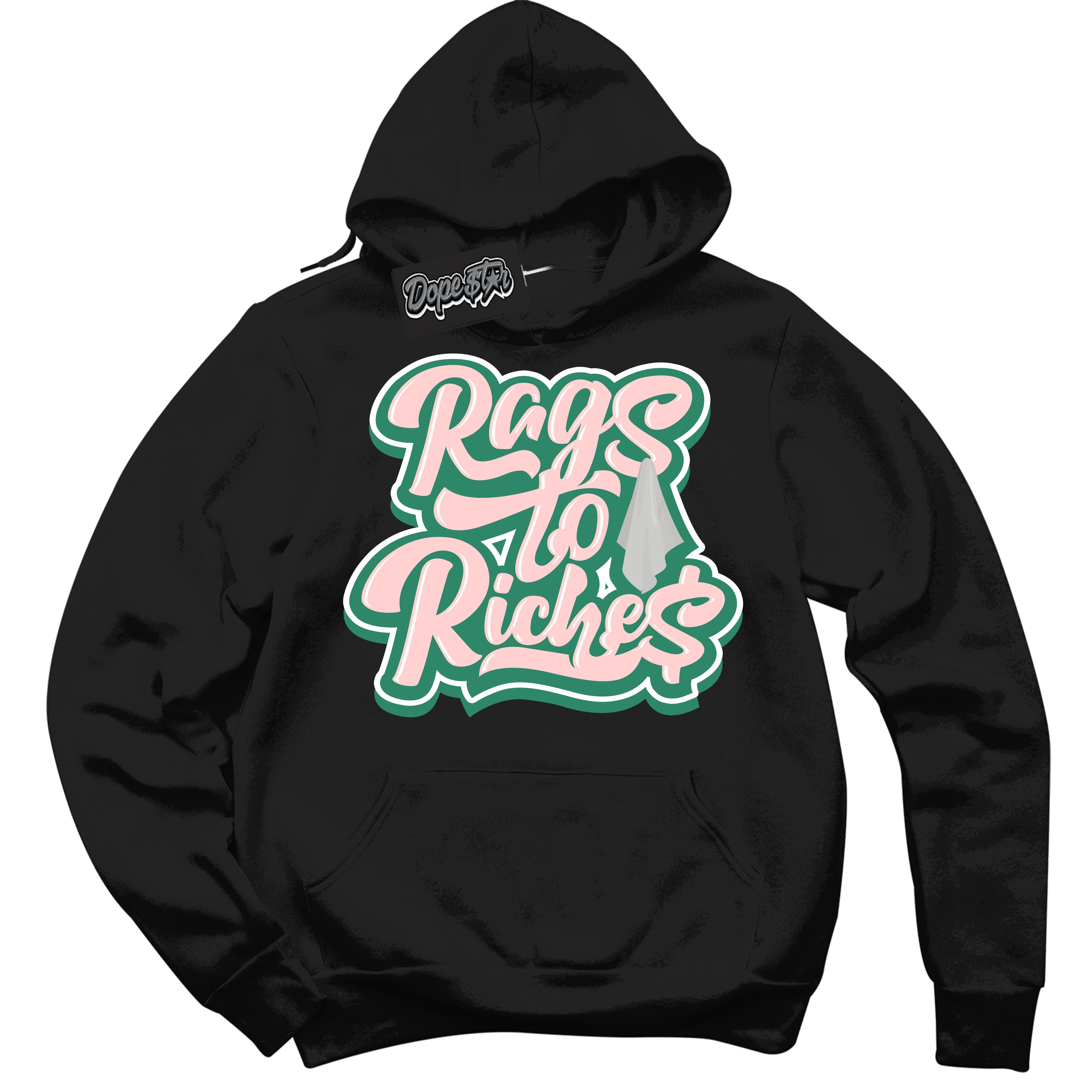 Cool Black Hoodie with “ Rags To Riches ”  design that Perfectly Matches Malachite Dunks.