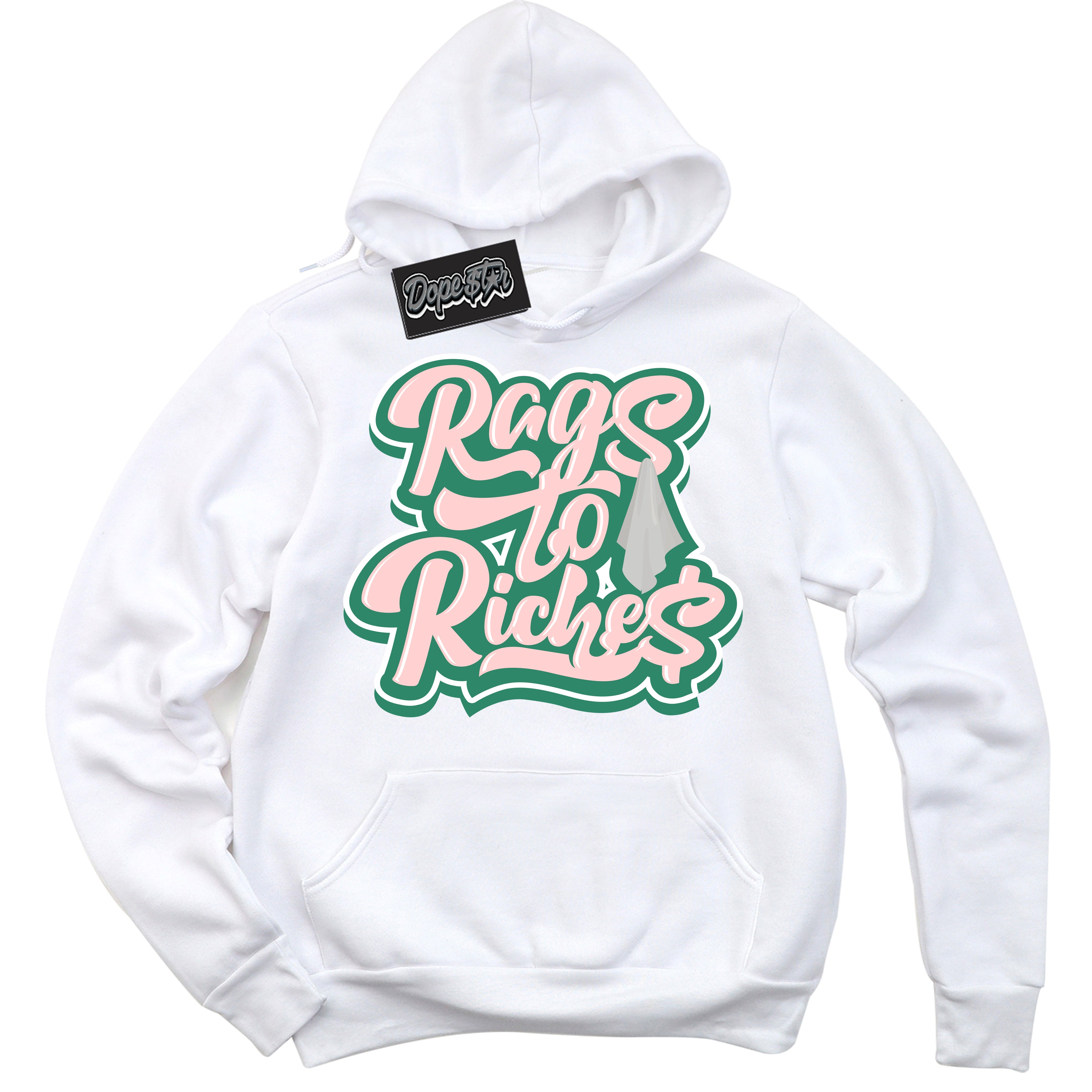 Cool White Hoodie with “ Rags To Riches ”  design that Perfectly Matches Malachite Dunks.