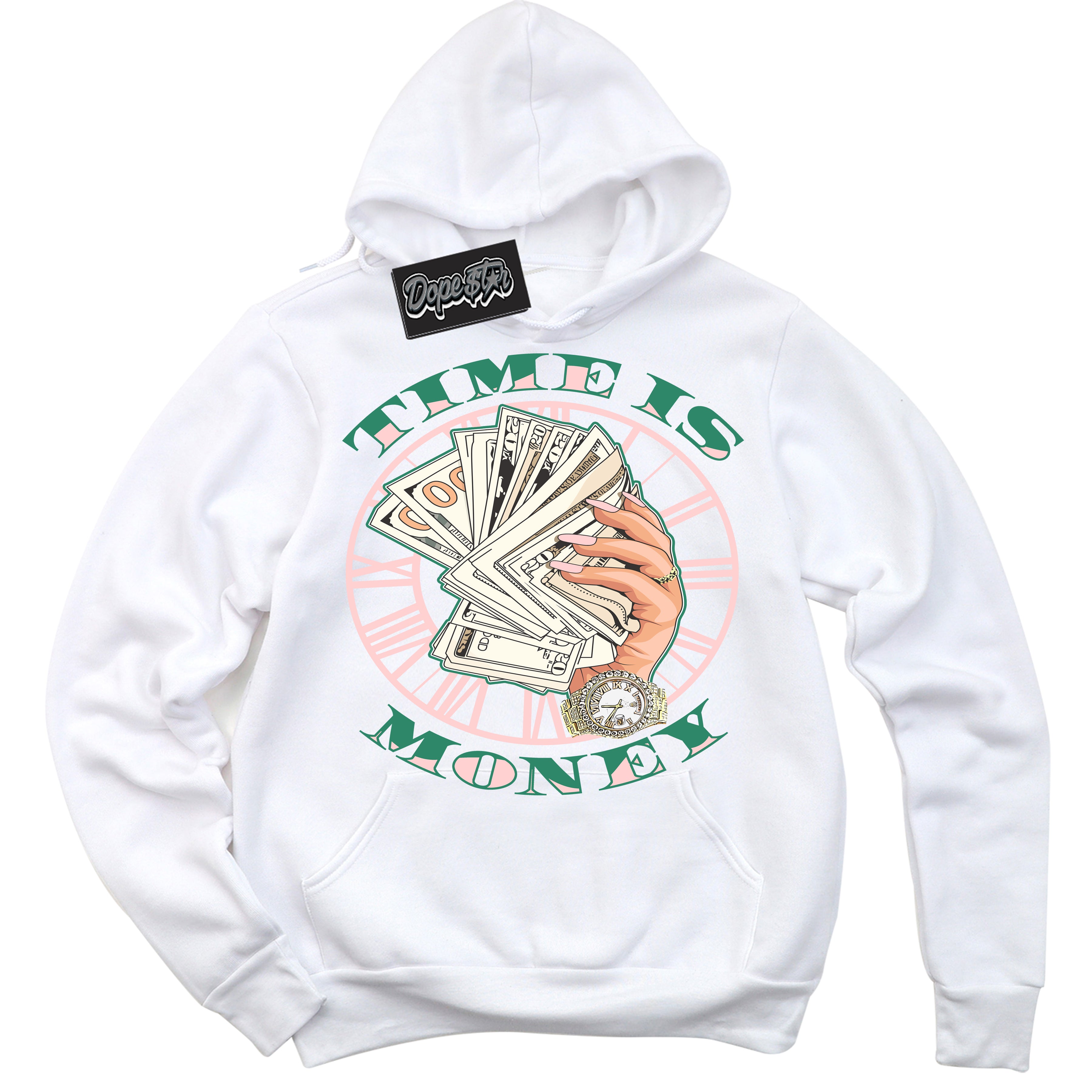 Cool White Hoodie with “ Time Is Money ”  design that Perfectly Matches Malachite Dunks.