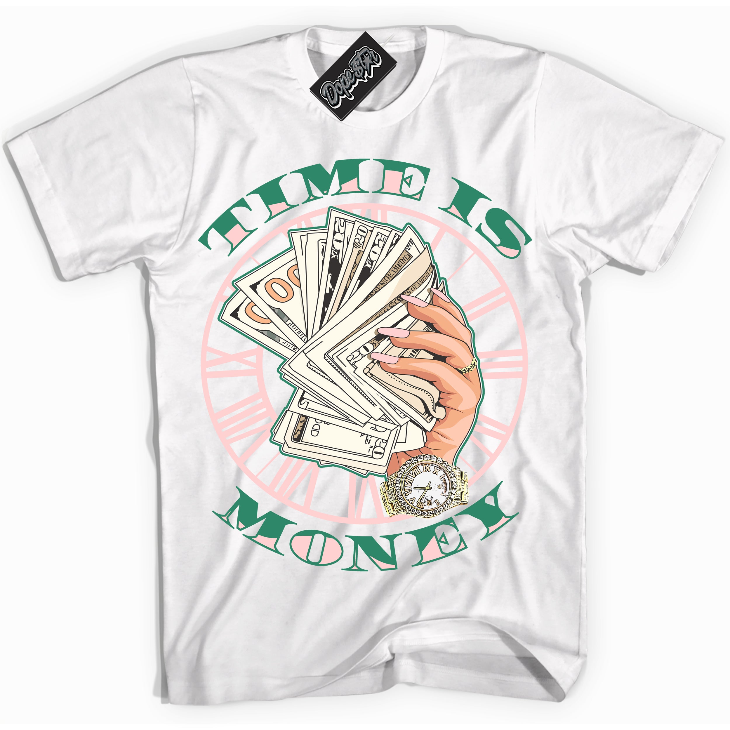 Cool White Shirt with “ Time Is Money ” design that perfectly matches Malachite Dunks.