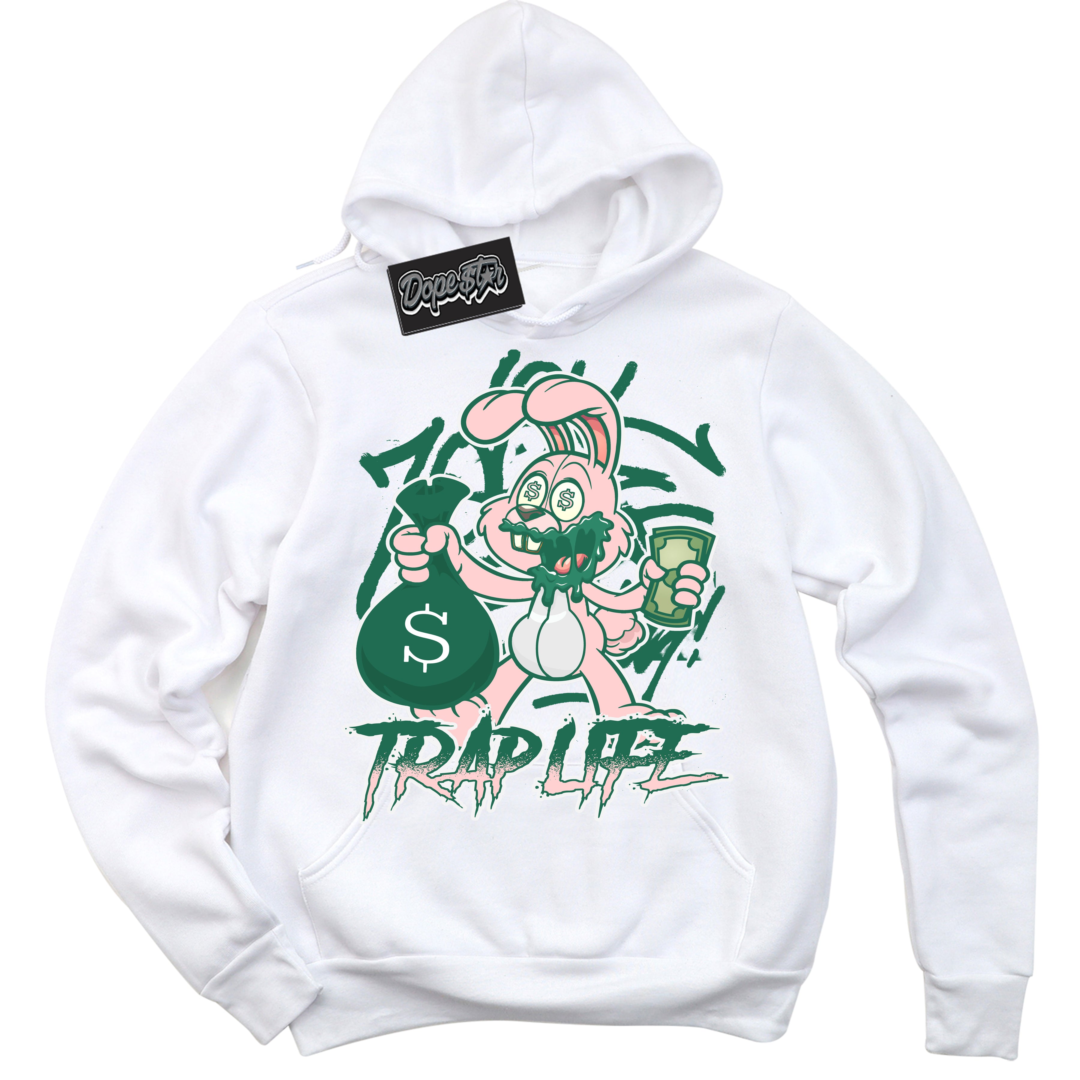 Cool White Hoodie with “ Trap Rabbit ”  design that Perfectly Matches Malachite Dunks Dunks.