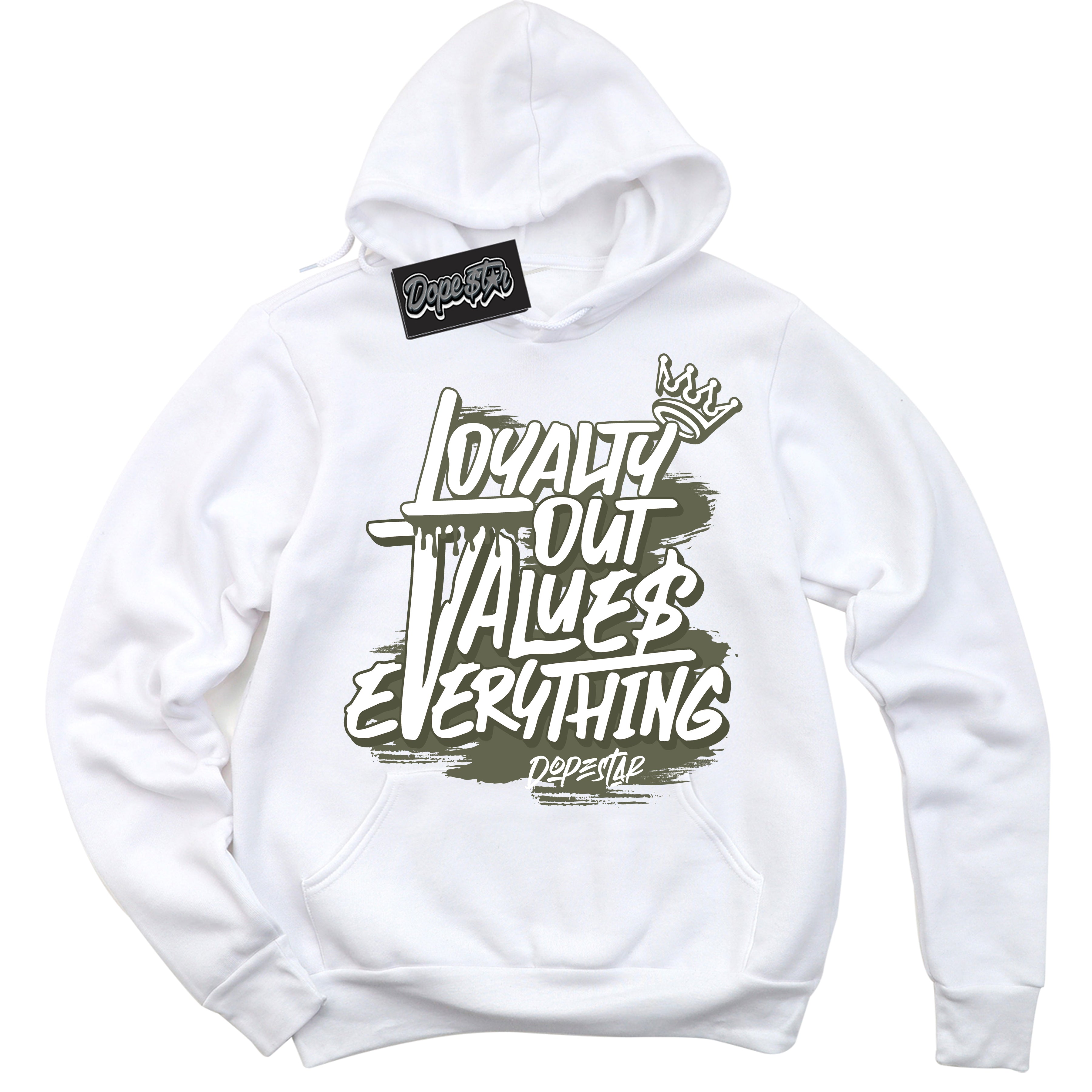 Cool White Hoodie with “ Loyalty Out Values Everything ”  design that Perfectly Matches Olive Sneakers.