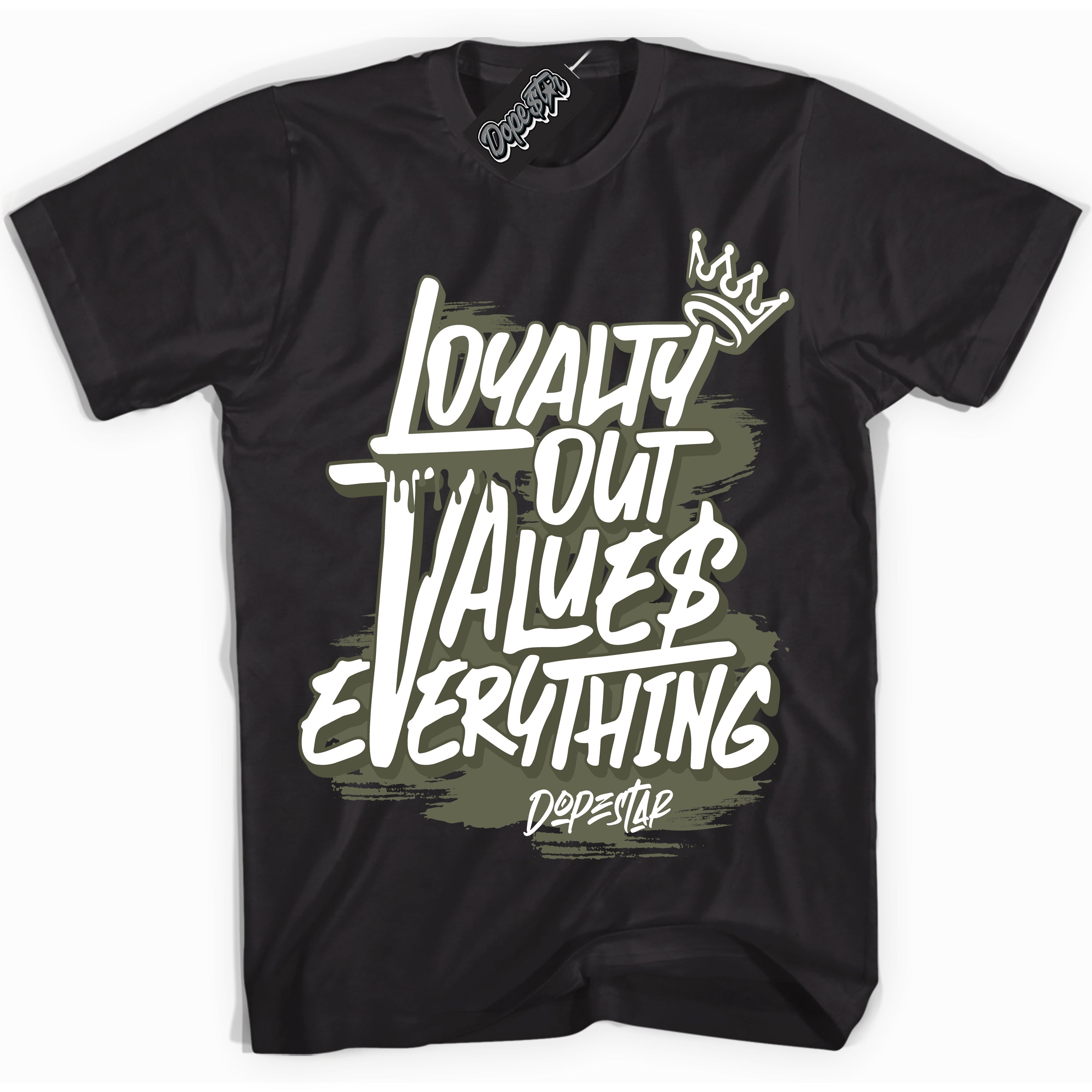 Cool Black Shirt with “ Loyalty Out Values Everything” design that perfectly matches Olive Sneakers.