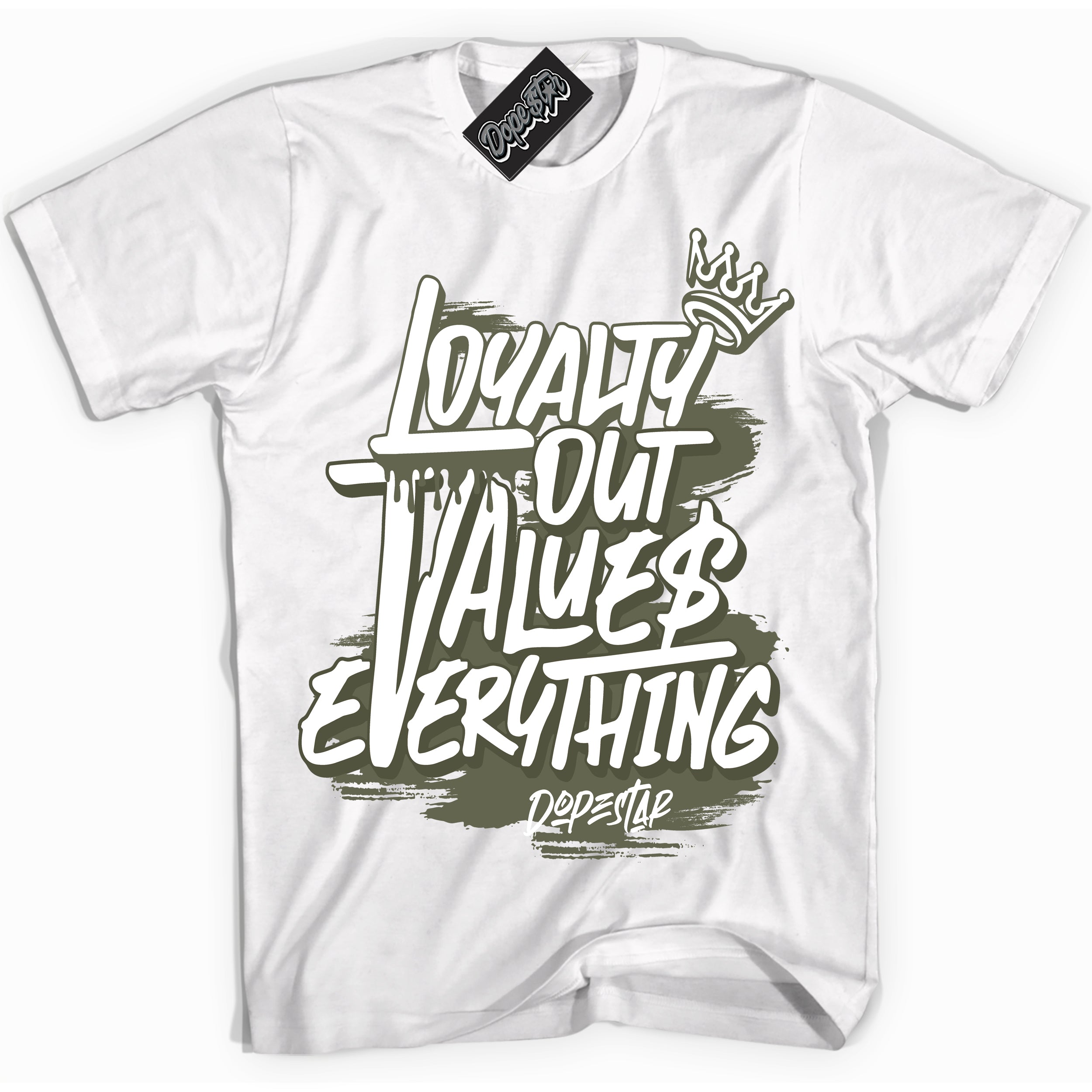 Cool White Shirt with “ Loyalty Out Values Everything” design that perfectly matches Olive Sneakers.